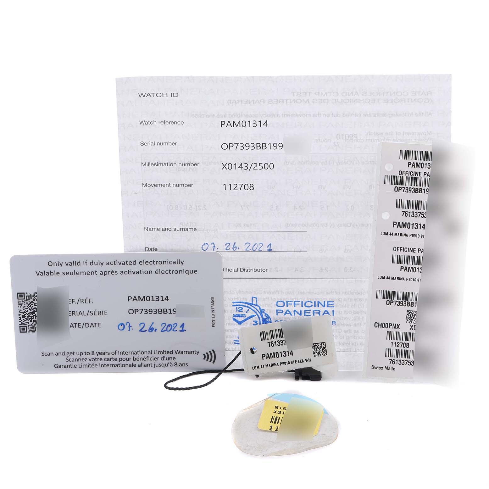 The image shows identification cards, stickers, and documentation for the Panerai Luminor PAM01314 Men's Stainless Steel White Dial PAM01314 Men's Stainless Steel White Dial PAM01314 model.