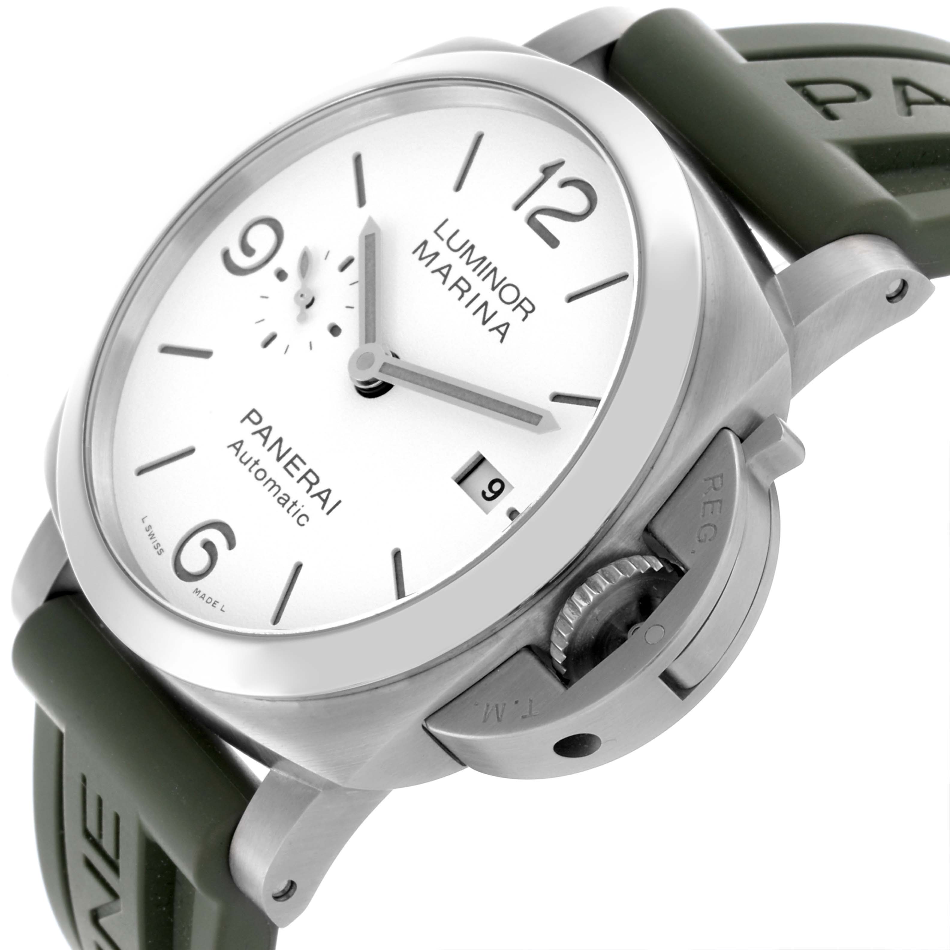 The Panerai Luminor PAM01314 Men's Stainless Steel White Dial PAM01314 Men's Stainless Steel White Dial watch is shown at an angle highlighting the dial, crown guard, and strap.