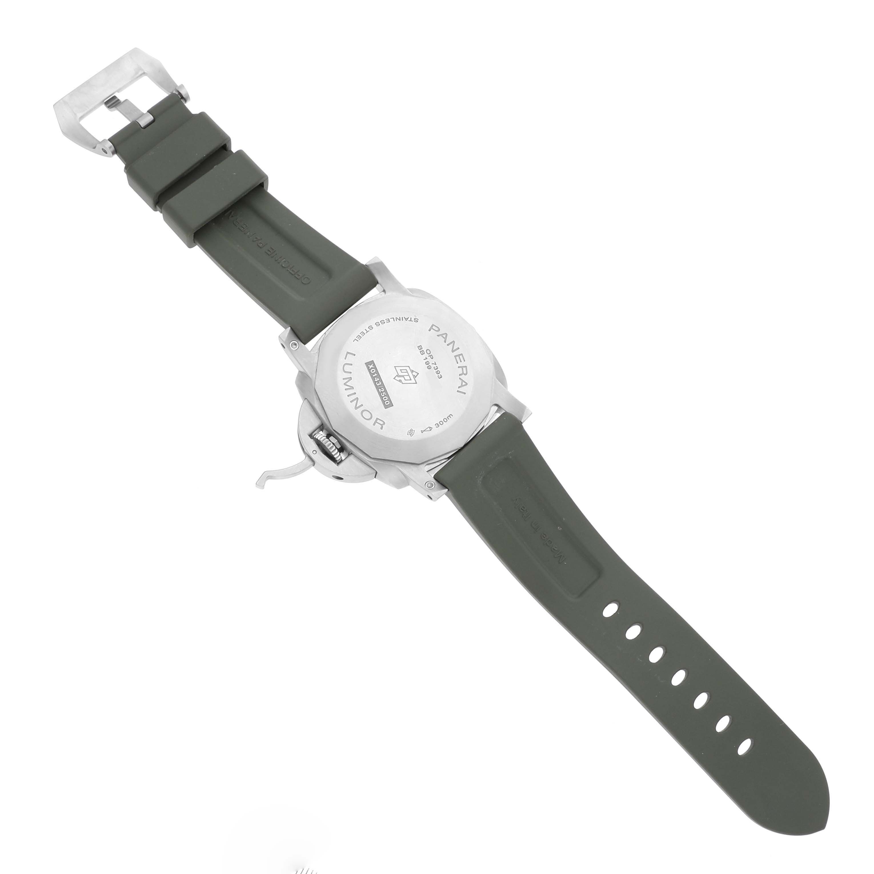 The image shows the back view of a Panerai Luminor PAM01314 Men's Stainless Steel White Dial PAM01314 Men's Stainless Steel White Dial watch with its green strap and case back visible.