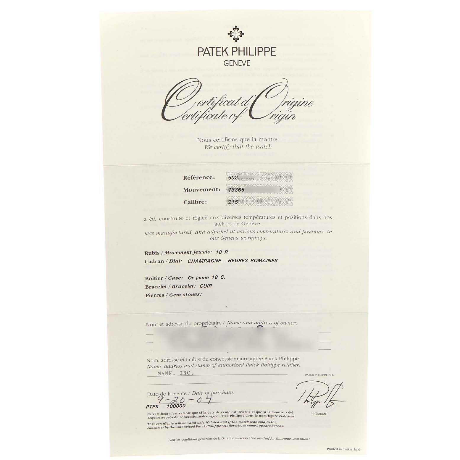 This image shows the Certificate of Origin for a Patek Philippe Calatrava 5022R Men's Rose Gold Pink Dial 5022R Men's Rose Gold Pink Dial watch, detailing reference, movement, and other specifics.