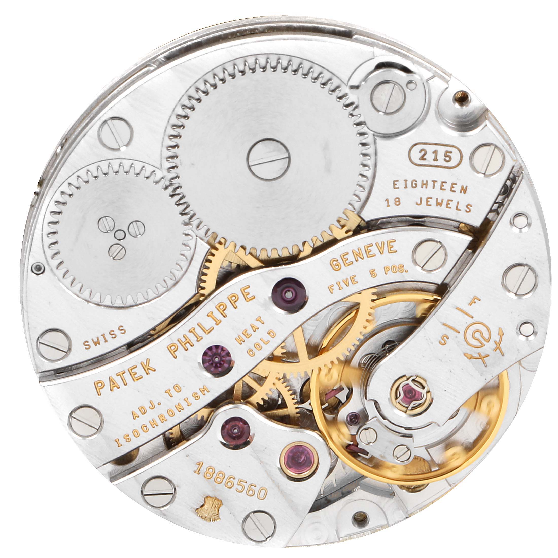 This image shows the movement and inner mechanics of a Patek Philippe Calatrava 5022R Men's Rose Gold Pink Dial 5022R Men's Rose Gold Pink Dial watch, specifically the gears and jewels.
