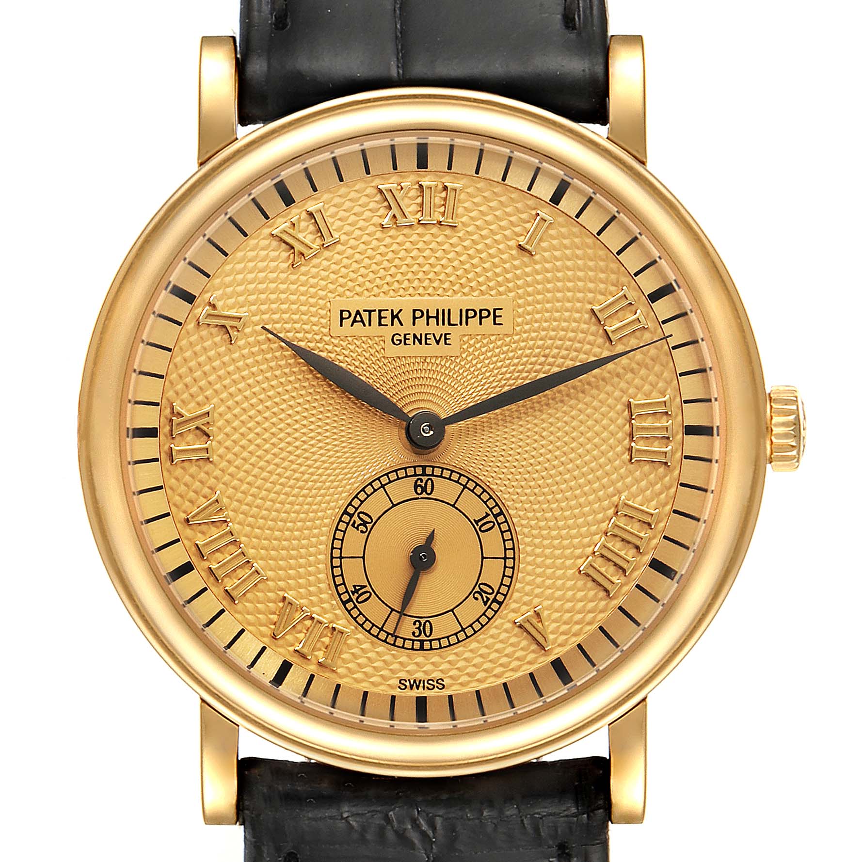 The image shows a frontal view of a Patek Philippe Calatrava 5022R Men's Rose Gold Pink Dial 5022R Men's Rose Gold Pink Dial watch, showcasing its gold dial, black leather strap, and Roman numeral hour markers.