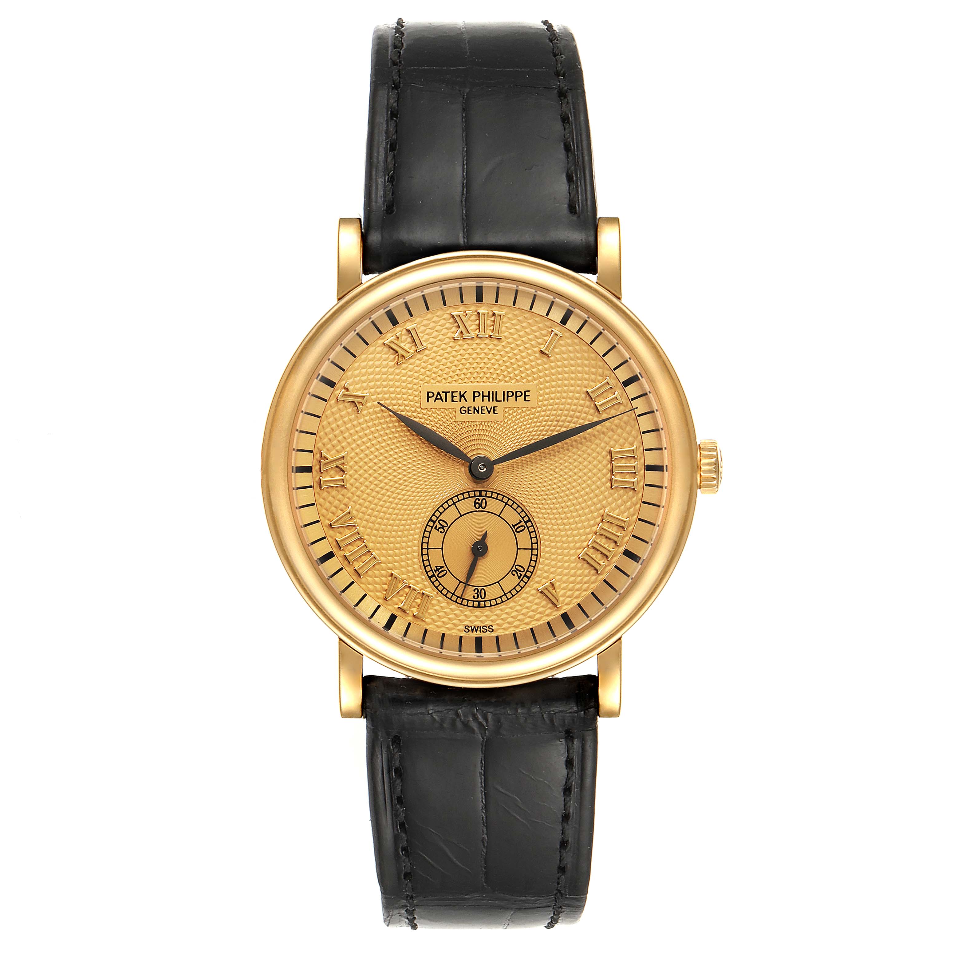 This image shows a front view of a Patek Philippe Calatrava 5022R Men's Rose Gold Pink Dial 5022R Men's Rose Gold Pink Dial watch with a gold dial and black leather strap.