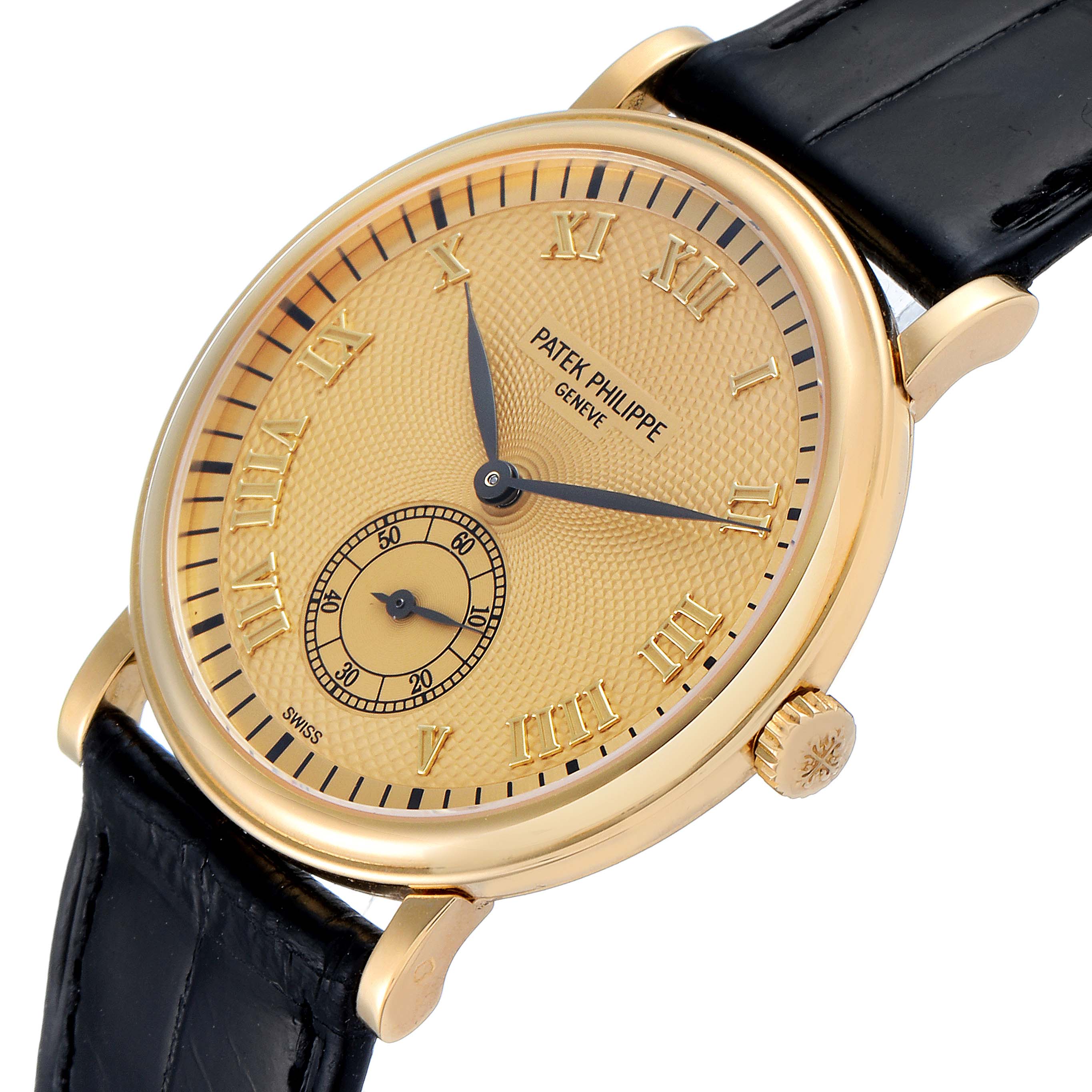 The image shows a close-up angled view of the Patek Philippe Calatrava 5022R Men's Rose Gold Pink Dial 5022R Men's Rose Gold Pink Dial watch face and crown, along with part of its black leather strap.