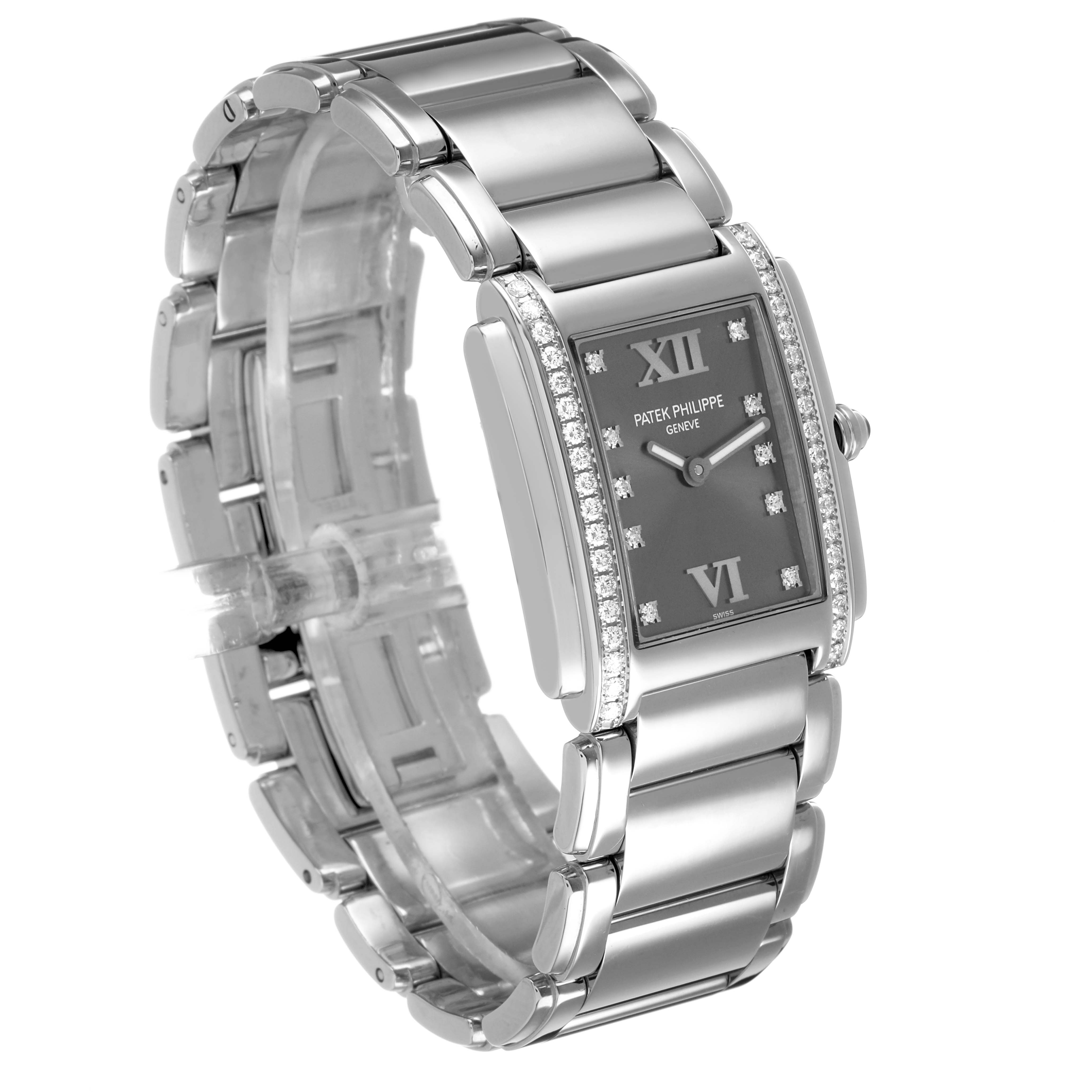 The Patek Philippe Twenty-4 4910/10A-010 Women's Stainless Steel Grey Dial watch is shown at a three-quarter angle, displaying the bracelet, side profile, and diamond-set bezel.
