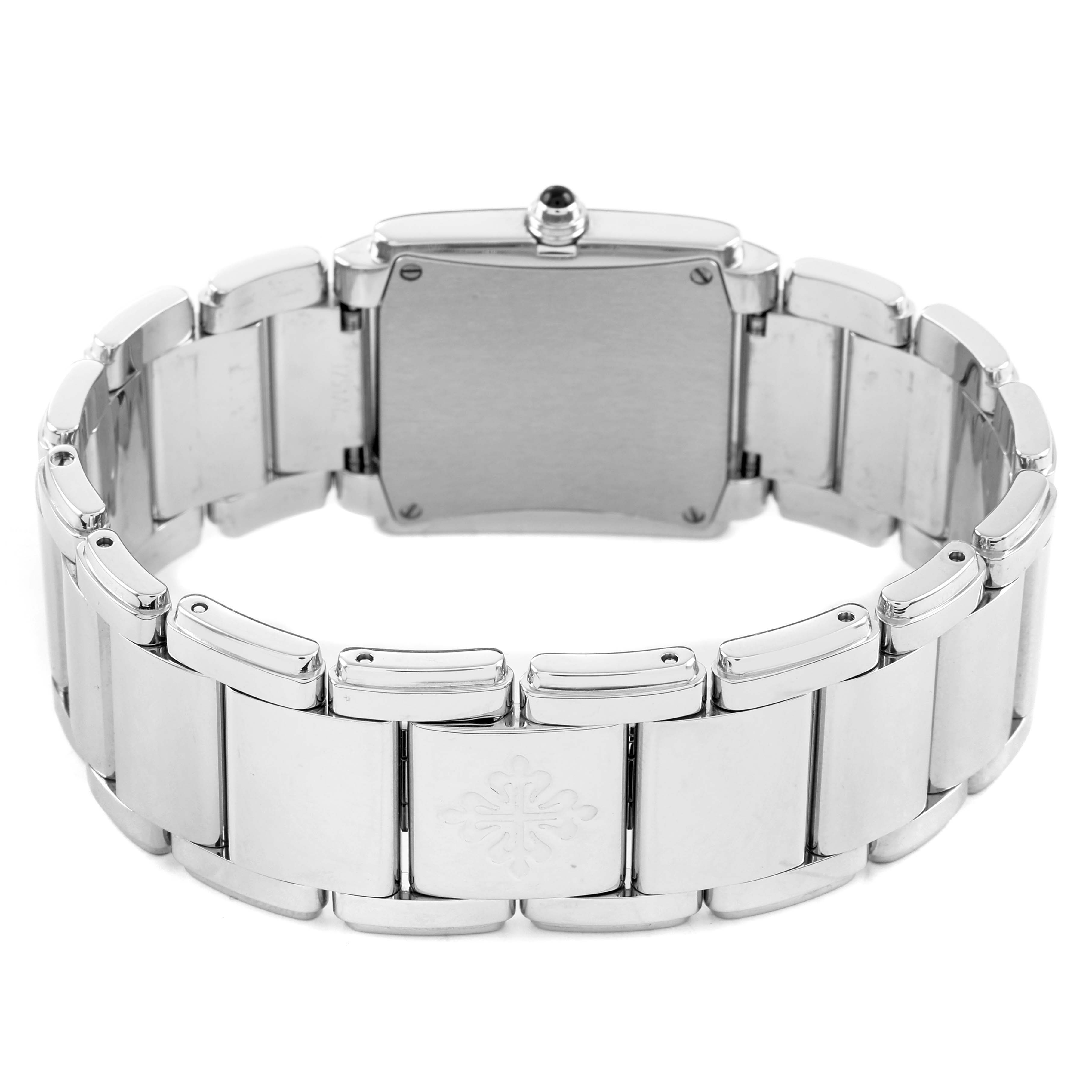 The image shows the back of a Patek Philippe Twenty-4 4910/10A-010 Women's Stainless Steel Grey Dial watch, highlighting its bracelet and clasp.
