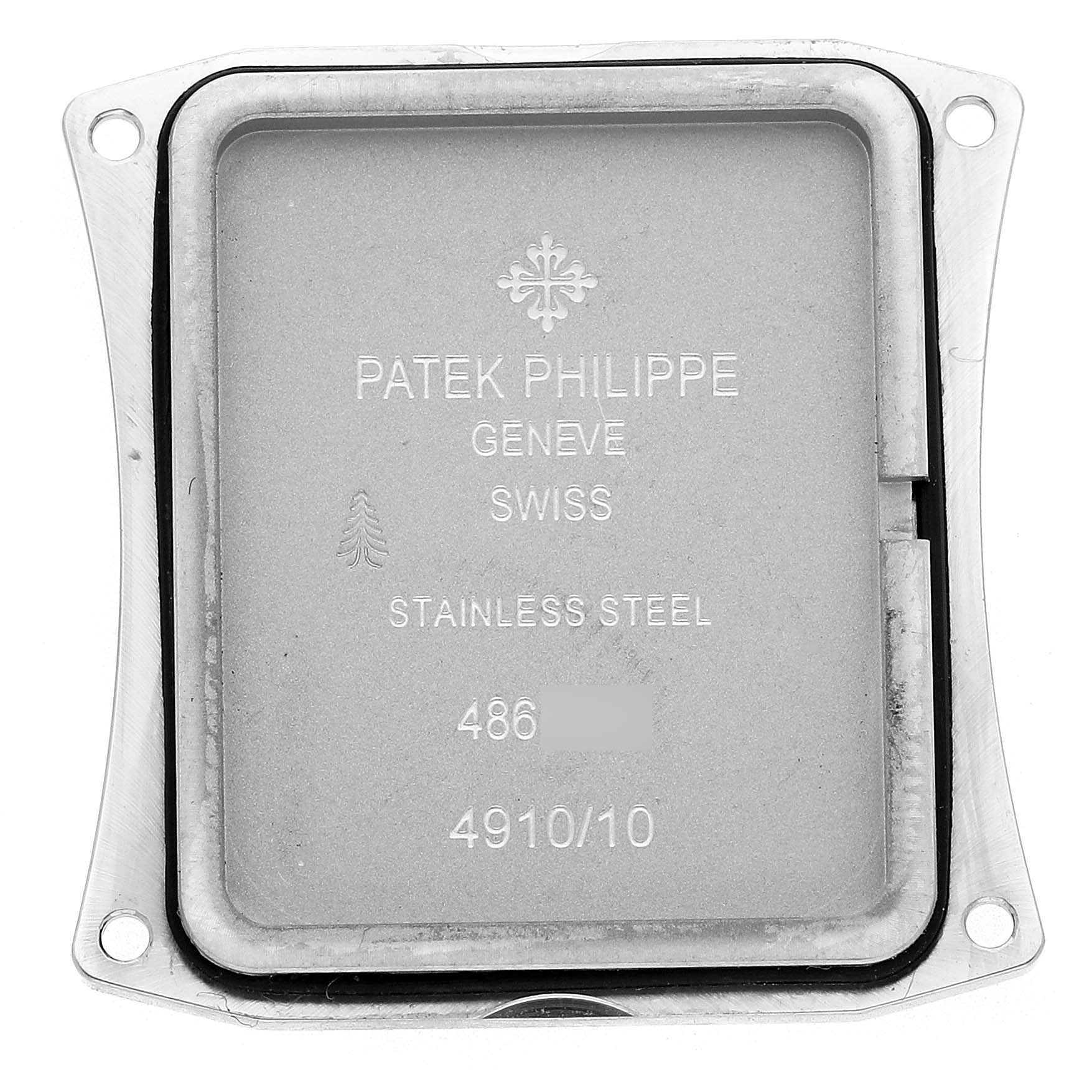 The image shows the back cover of a Patek Philippe Twenty-4 4910/10A-010 Women's Stainless Steel Grey Dial watch, highlighting the stainless steel material and model markings.