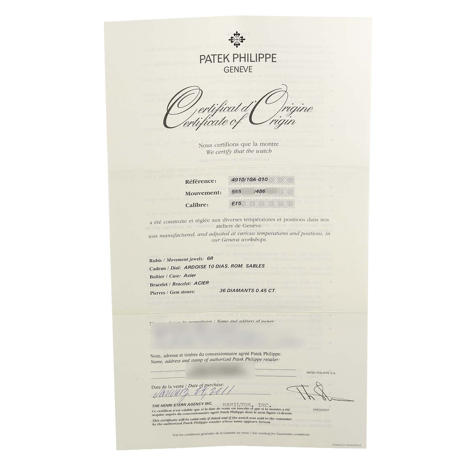The image shows the Certificate of Origin for a Patek Philippe Twenty-4 4910/10A-010 Women's Stainless Steel Grey Dial watch, detailing its specifications.