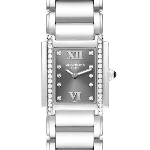 The Patek Philippe Twenty-4 4910/10A-010 Women's Stainless Steel Grey Dial watch is shown from a front angle, highlighting its dial, bezel, lugs, and bracelet.