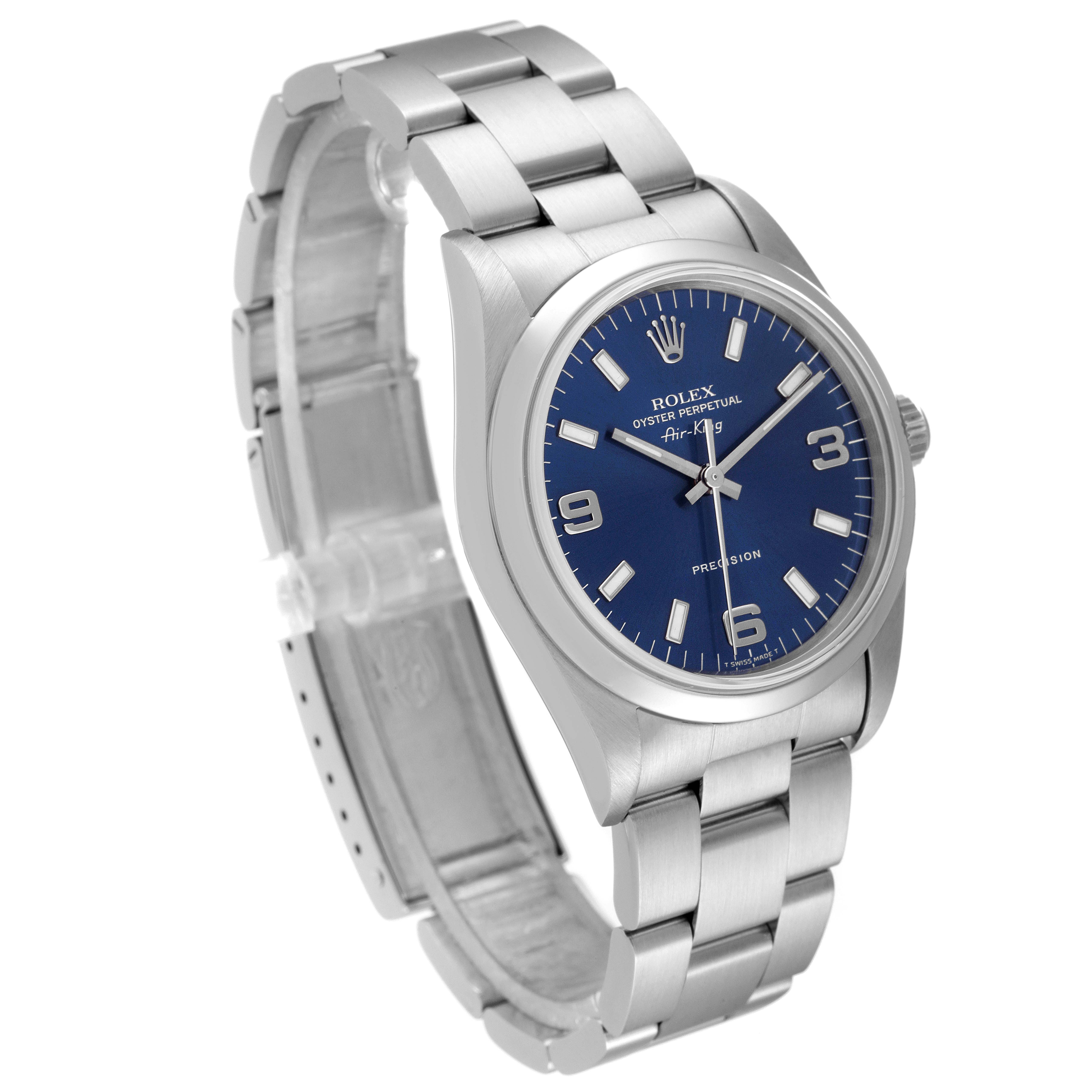The Rolex Air-King 14000 Men's Stainless Steel Blue Dial 14000 Men's Stainless Steel Blue Dial watch is shown at a slight angle, highlighting the face, bezel, and metallic bracelet.