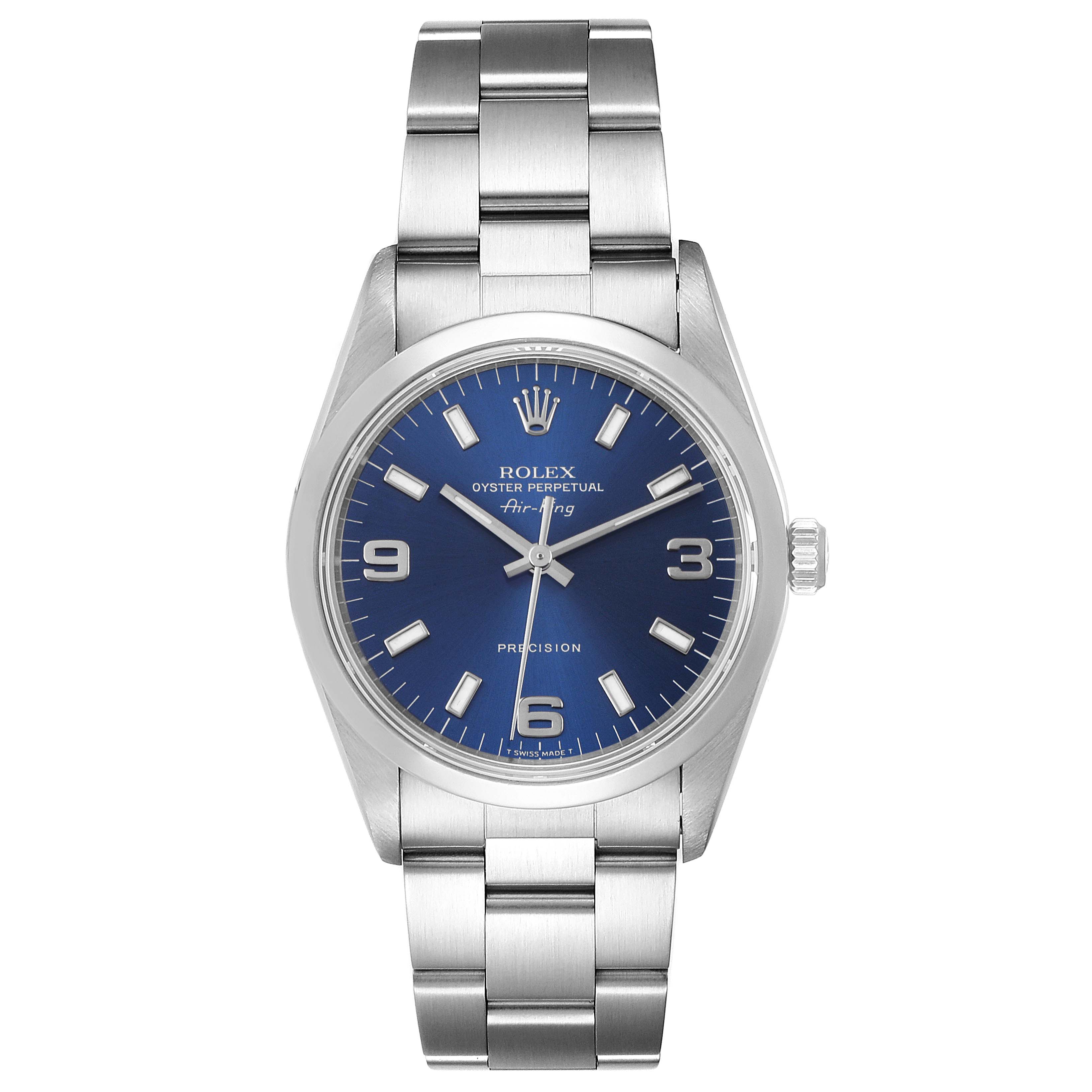 The image shows a front view of a Rolex Air-King 14000 Men's Stainless Steel Blue Dial 14000 Men's Stainless Steel Blue Dial watch, displaying its blue dial, stainless steel case, and bracelet.