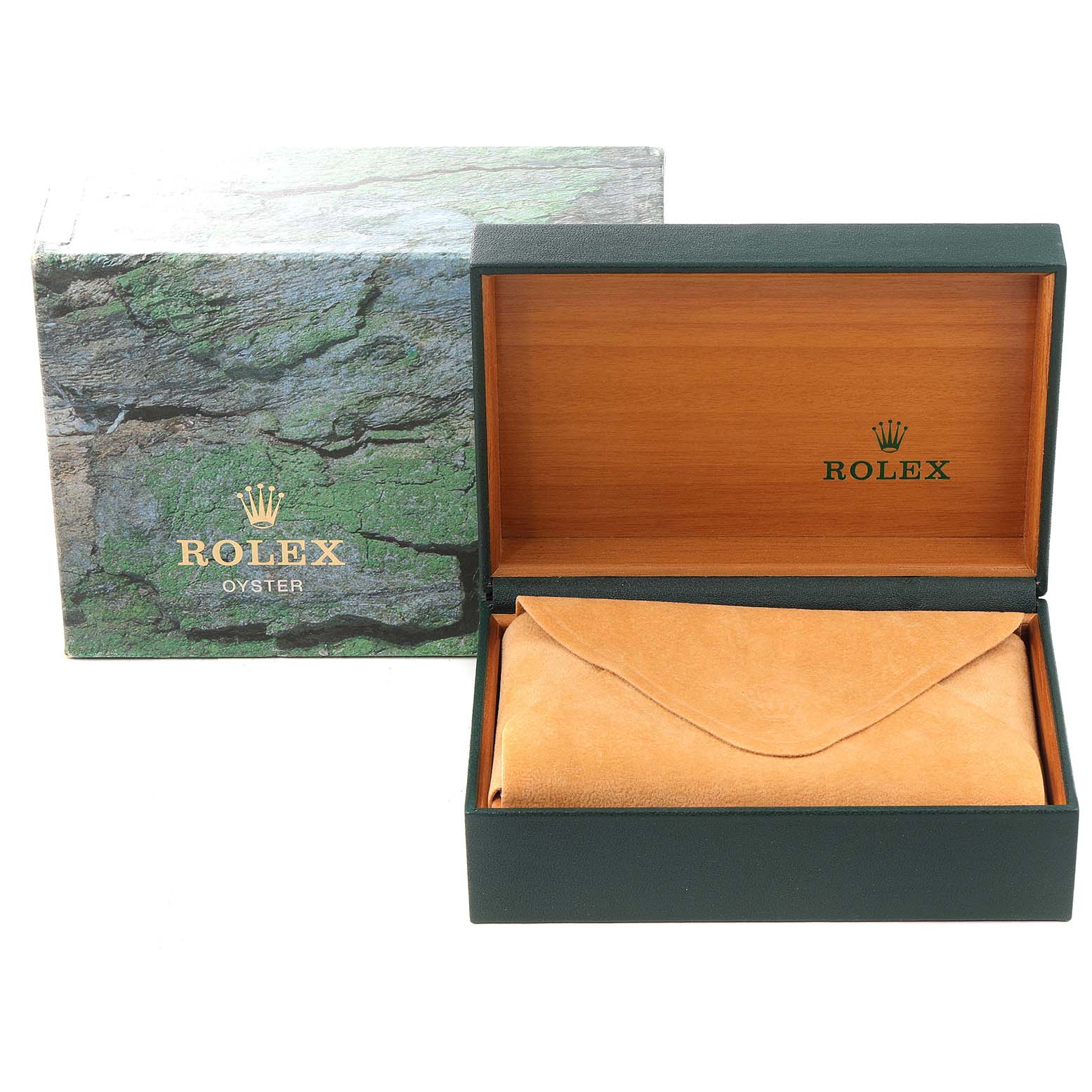 The image shows the box and protective pouch for a Rolex Air-King 14000 Men's Stainless Steel Blue Dial 14000 Men's Stainless Steel Blue Dial watch, viewed from the front.