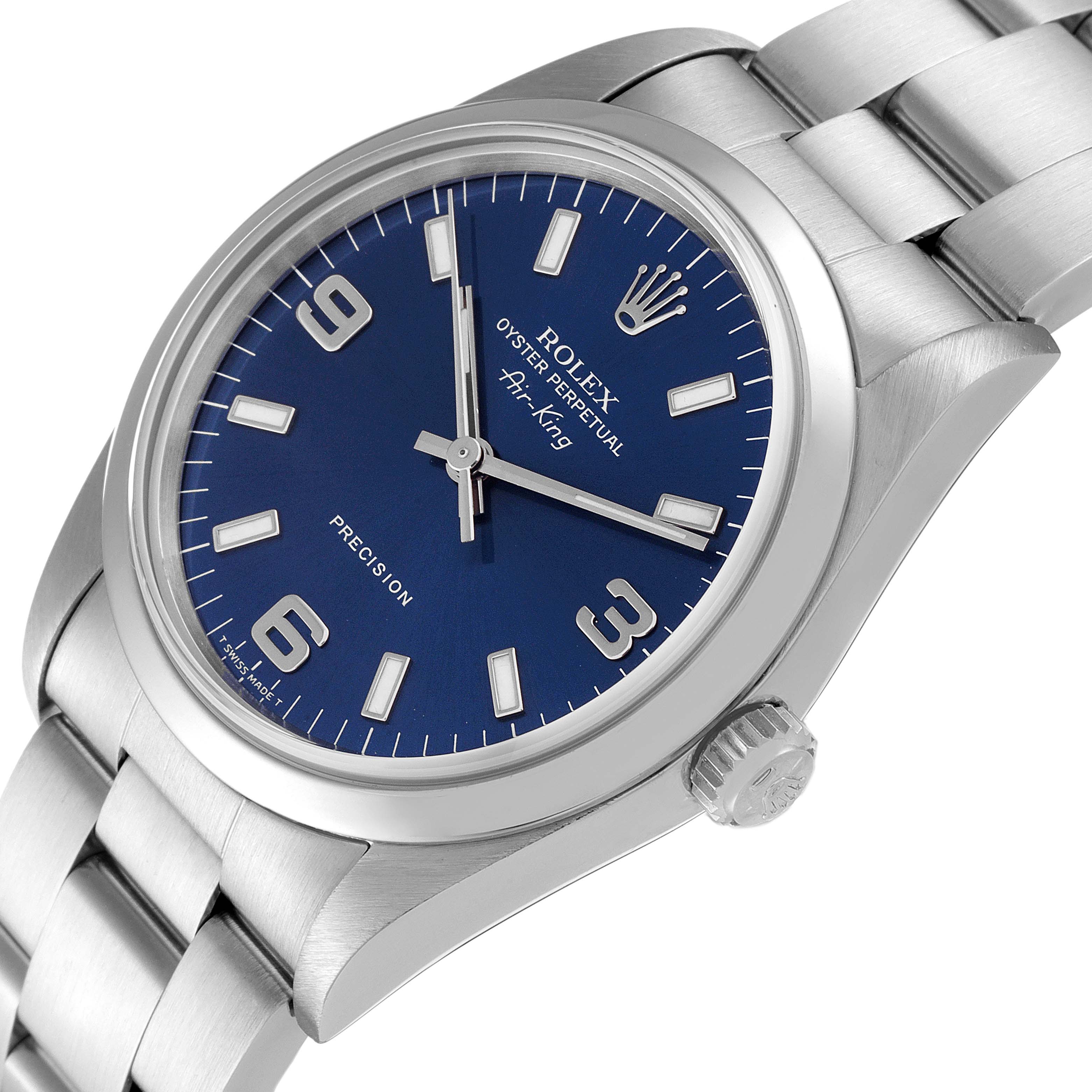 The image shows a Rolex Air-King 14000 Men's Stainless Steel Blue Dial 14000 Men's Stainless Steel Blue Dial watch from an angled top view, displaying the blue dial, crown, and part of the bracelet.