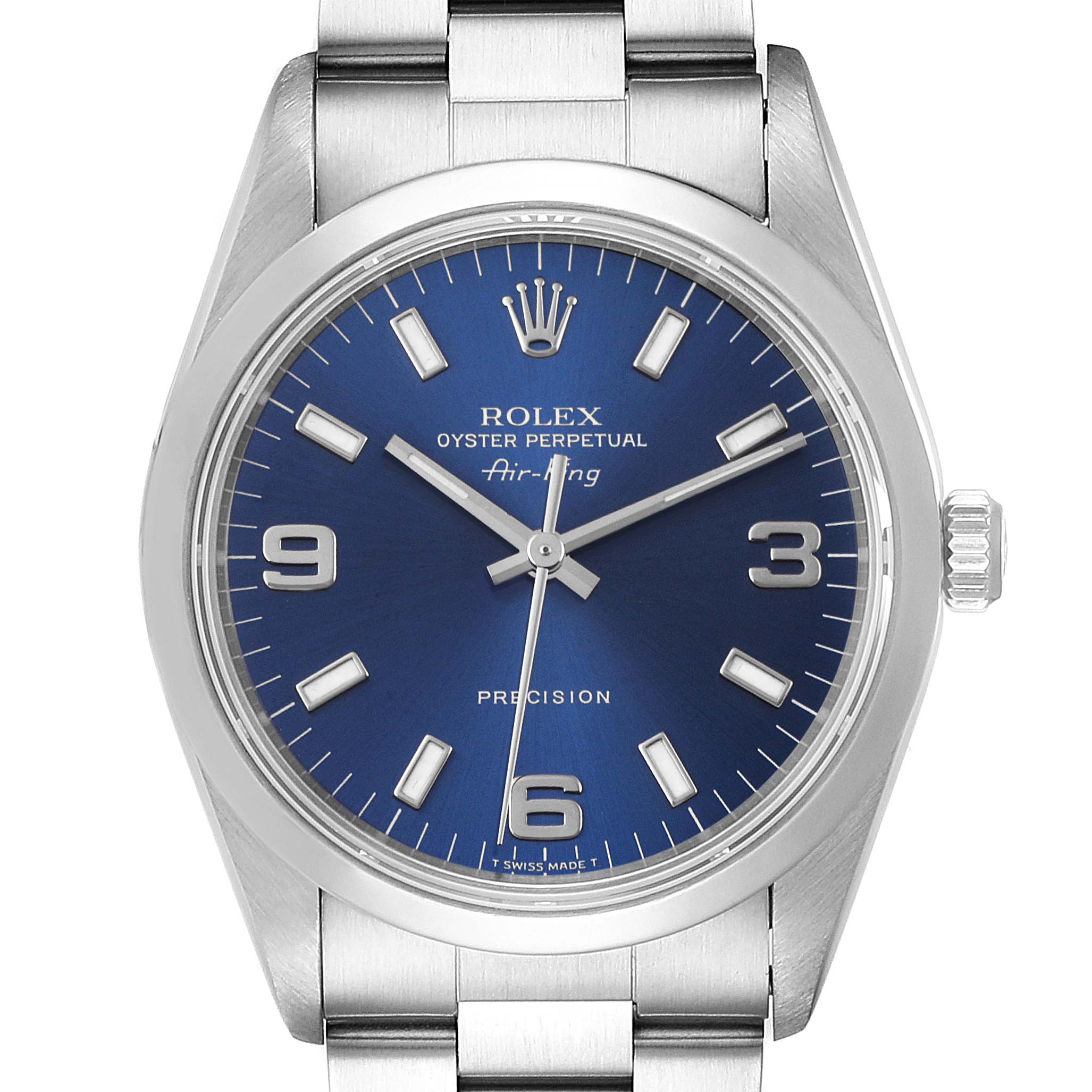 This image shows a front view of the Rolex Air-King 14000 Men's Stainless Steel Blue Dial 14000 Men's Stainless Steel Blue Dial wristwatch, highlighting its blue dial, hour markers, and the stainless steel bracelet.