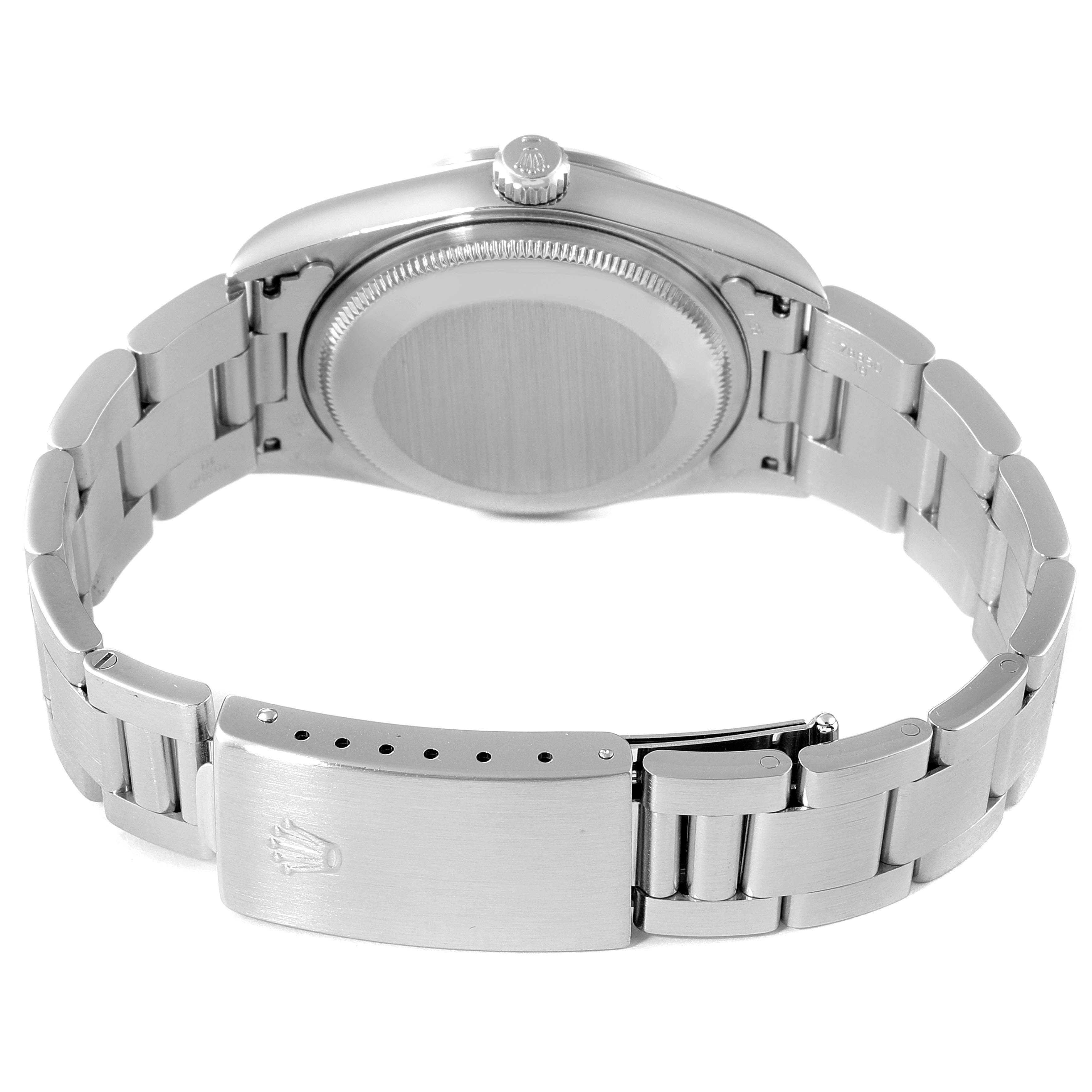 The image shows the back, clasp, and bracelet of a Rolex Air-King 14000 Men's Stainless Steel Blue Dial 14000 Men's Stainless Steel Blue Dial watch at a slight angle.