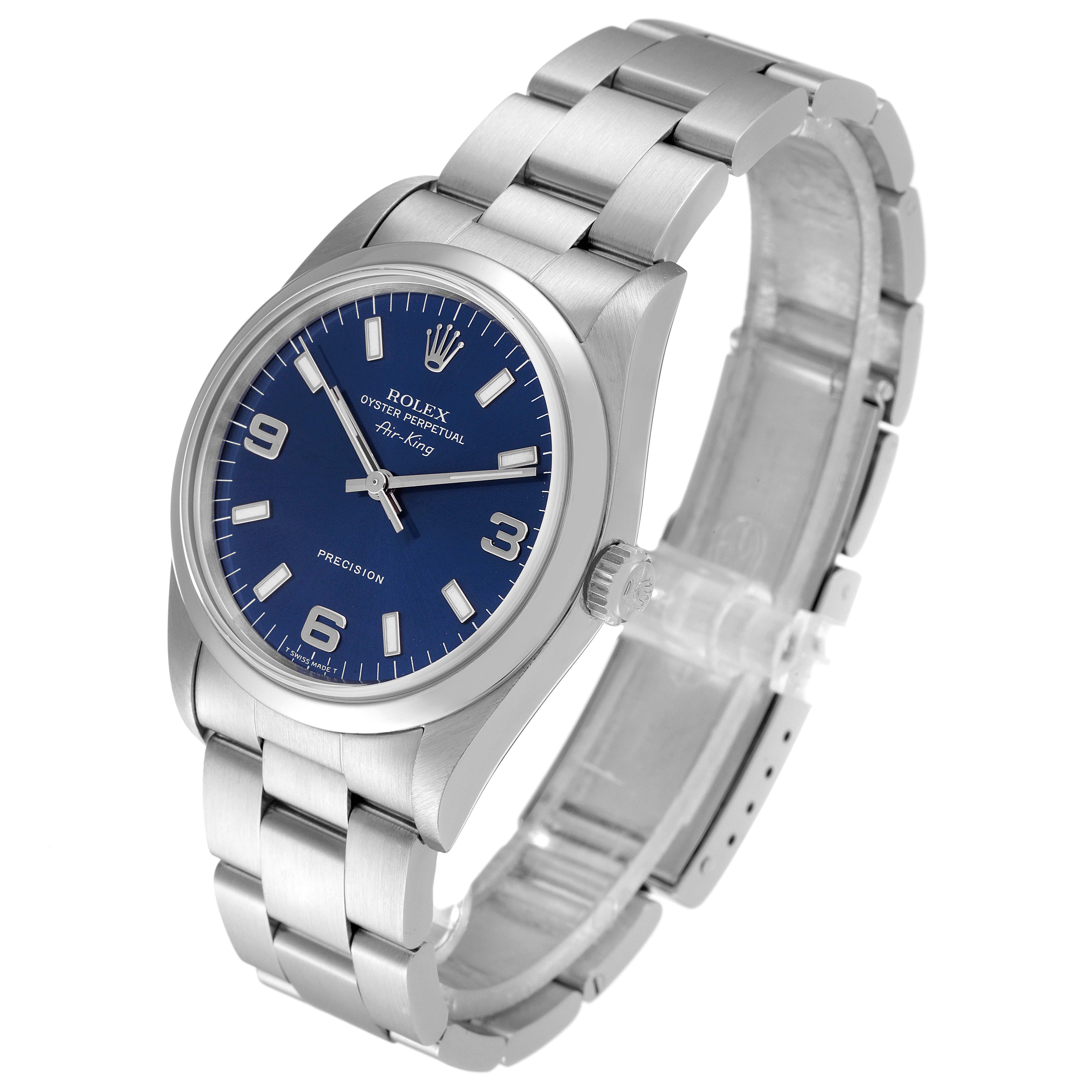 The Rolex Air-King 14000 Men's Stainless Steel Blue Dial 14000 Men's Stainless Steel Blue Dial watch is shown at an angle, displaying the dial, crown, and full bracelet in silver with a blue dial.