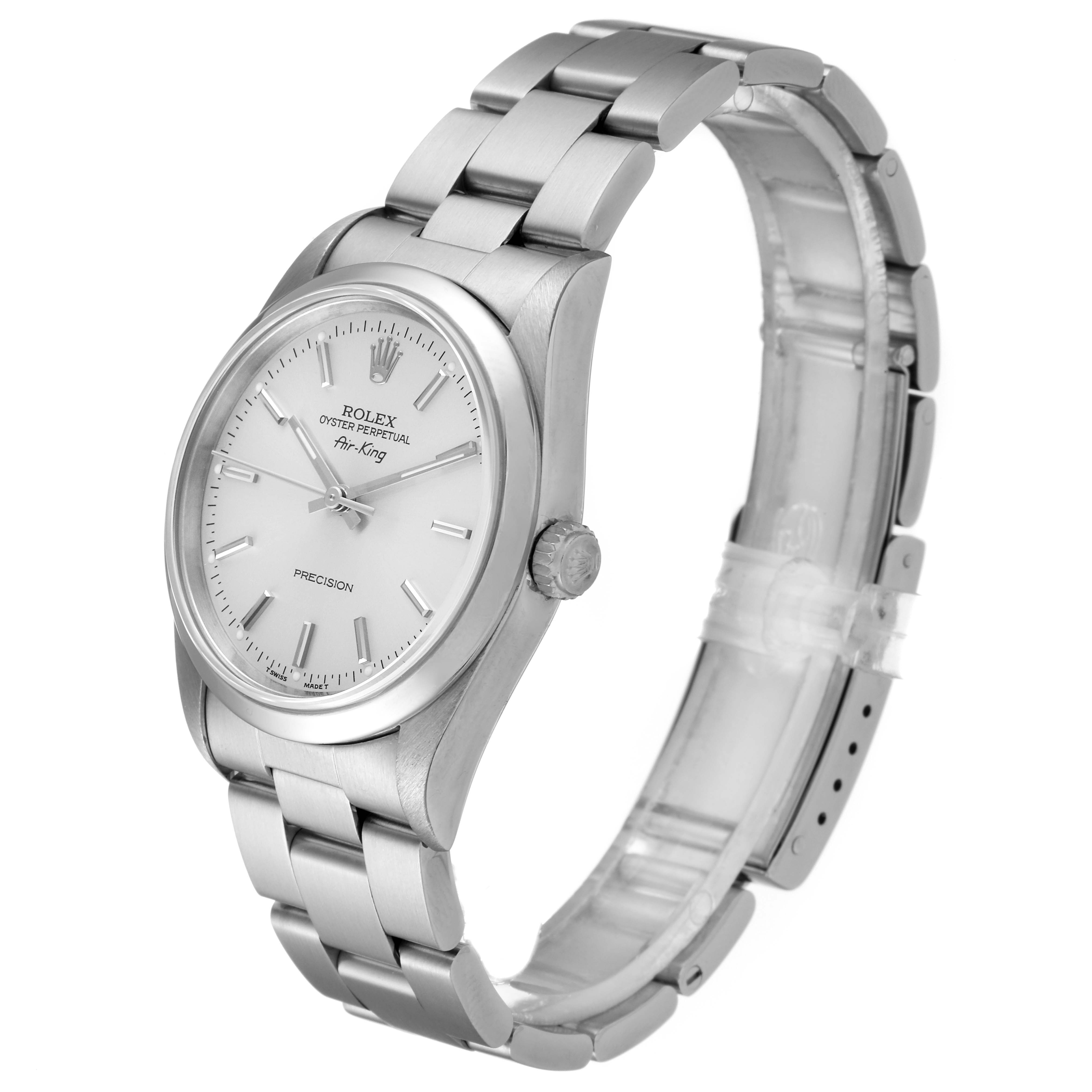 This image shows a side angle view of the Rolex Air-King 14000 Men's Stainless Steel Silver Dial 14000 Men's Stainless Steel Silver Dial watch, displaying its bracelet, dial, crown, and clasp.