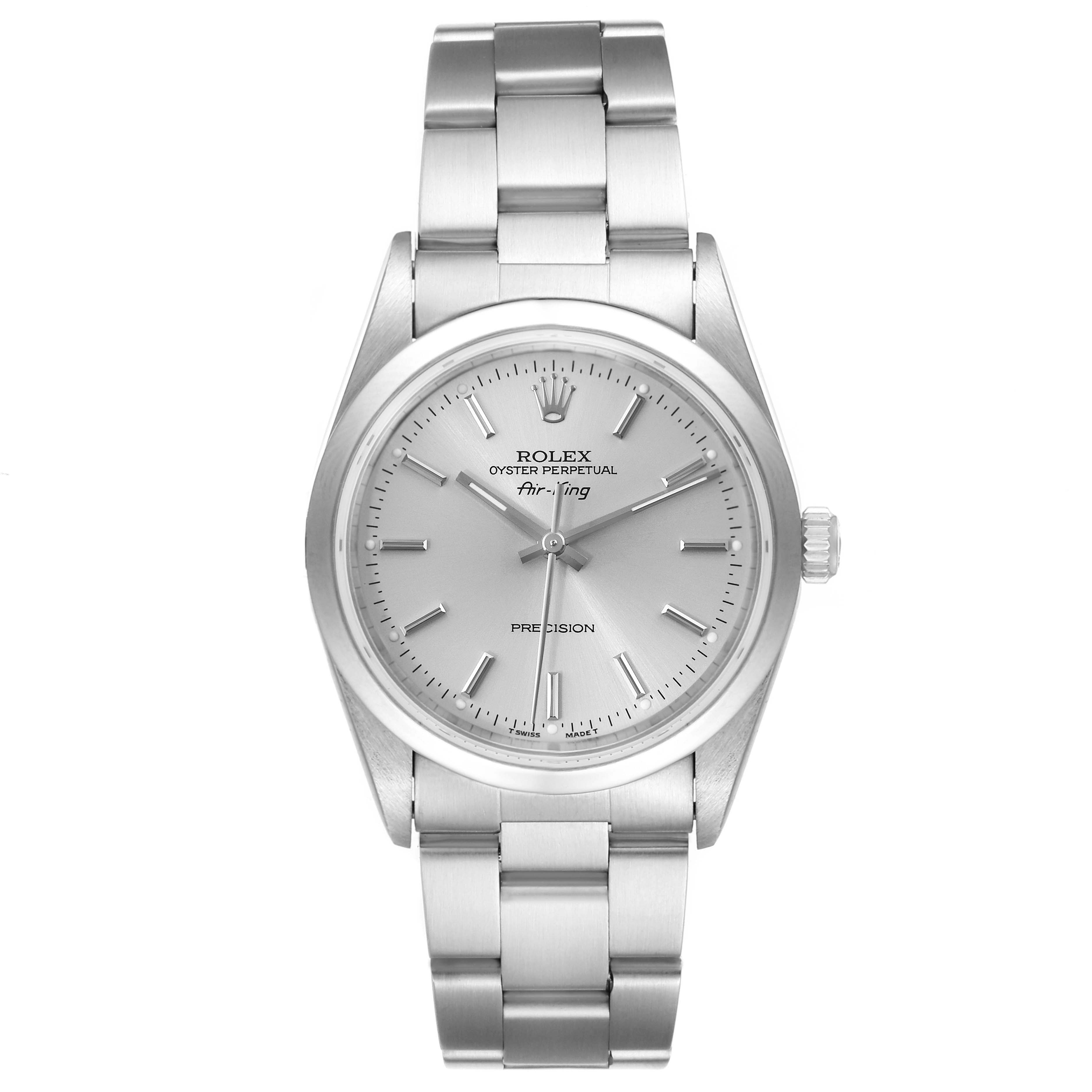 This image shows a Rolex Air-King 14000 Men's Stainless Steel Silver Dial 14000 Men's Stainless Steel Silver Dial watch from a top-down angle, displaying the full dial, bezel, and bracelet.