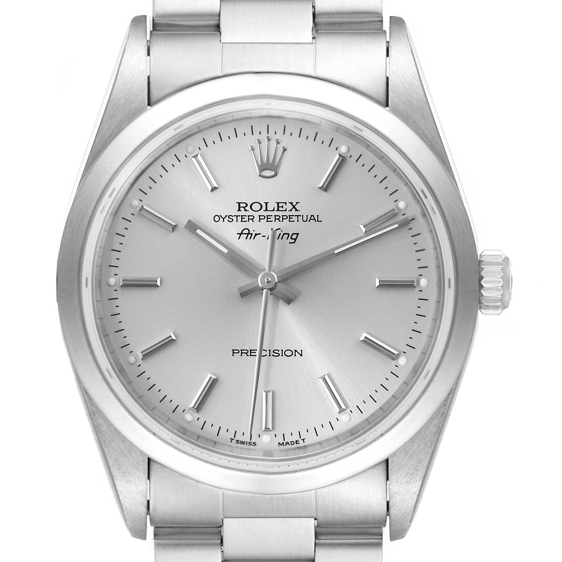 This image shows a frontal view of a Rolex Air-King 14000 Men's Stainless Steel Silver Dial 14000 Men's Stainless Steel Silver Dial watch, displaying the dial, crown, and part of the bracelet.