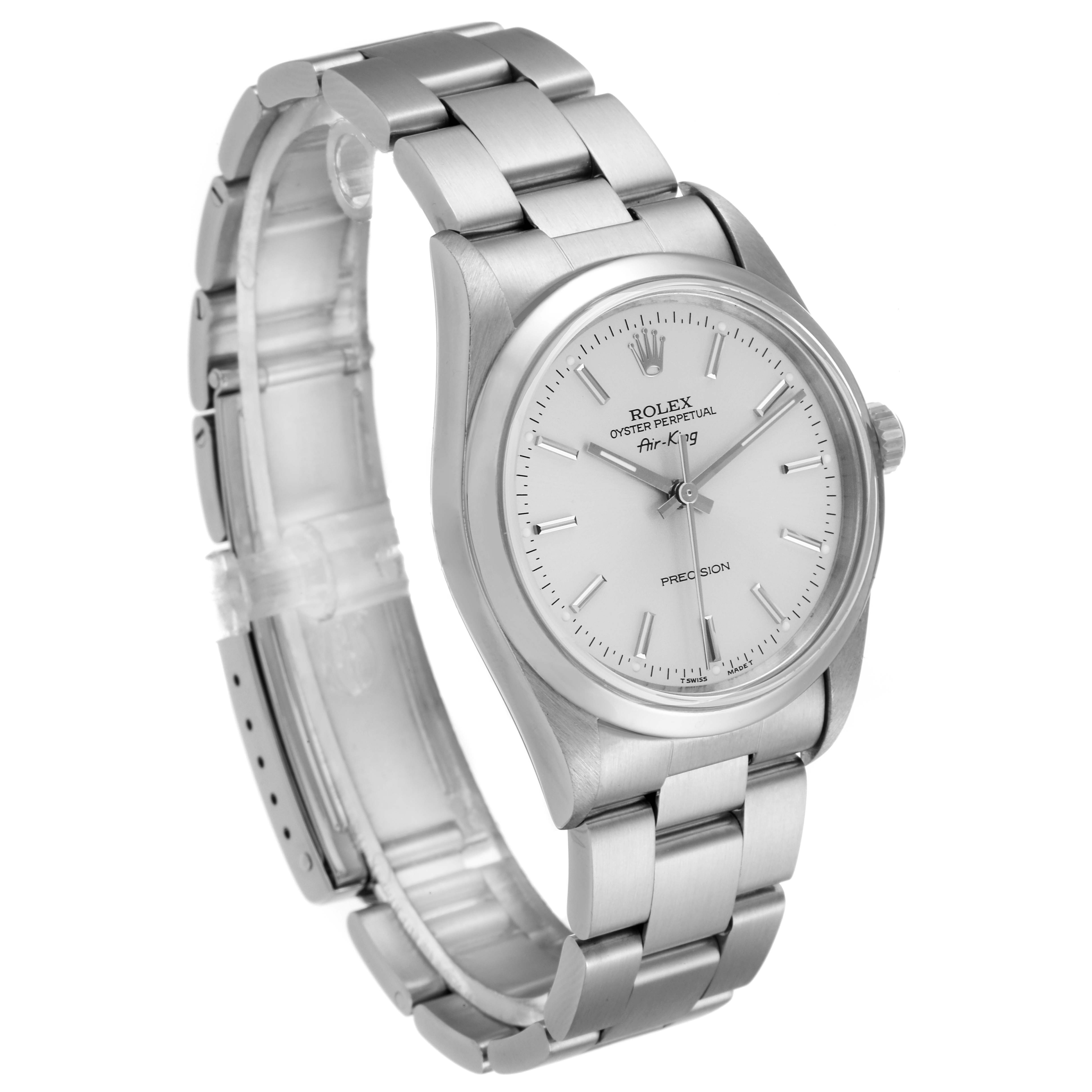 The Rolex Air-King 14000 Men's Stainless Steel Silver Dial 14000 Men's Stainless Steel Silver Dial watch is shown at a slight angle displaying its face, bracelet, and crown.