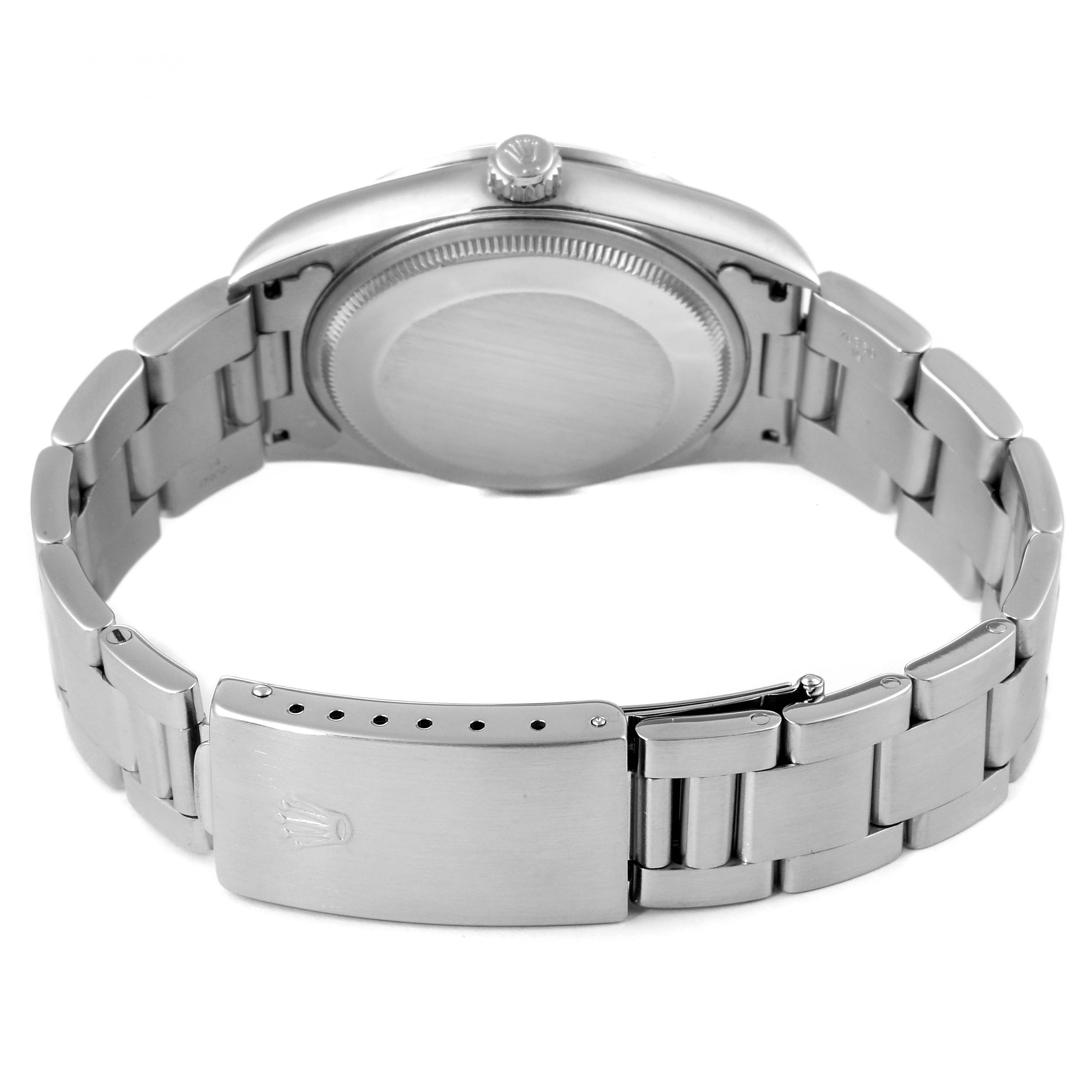 This image shows the back view and clasp of a Rolex Air-King 14000 Men's Stainless Steel Silver Dial 14000 Men's Stainless Steel Silver Dial model watch.