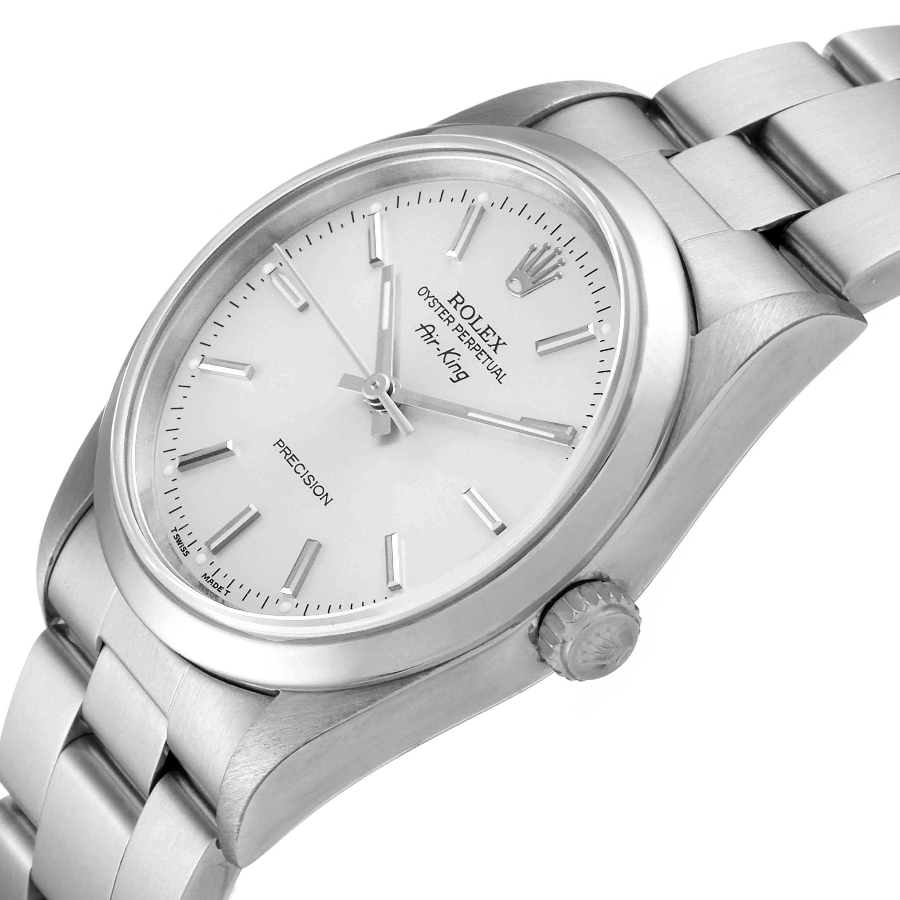 The Rolex Air-King 14000 Men's Stainless Steel Silver Dial 14000 Men's Stainless Steel Silver Dial watch is shown from an angled side view, highlighting its dial, bezel, crown, and part of the bracelet.