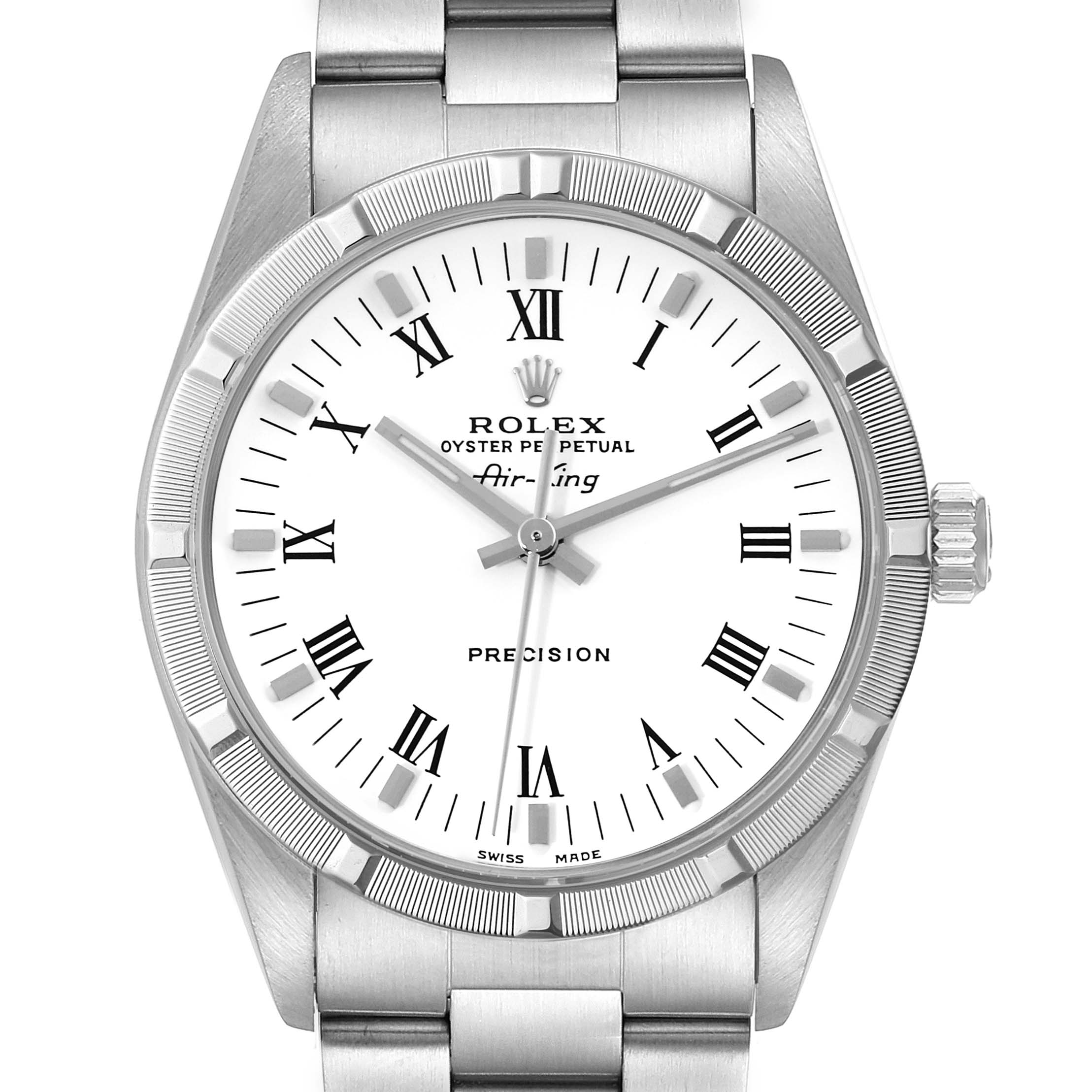 This Rolex Air-King 14010 Men's Stainless Steel White Dial 14010 Men's Stainless Steel White Dial watch is shown from a top view, highlighting the face, hour markers, hands, and part of the stainless steel bracelet.