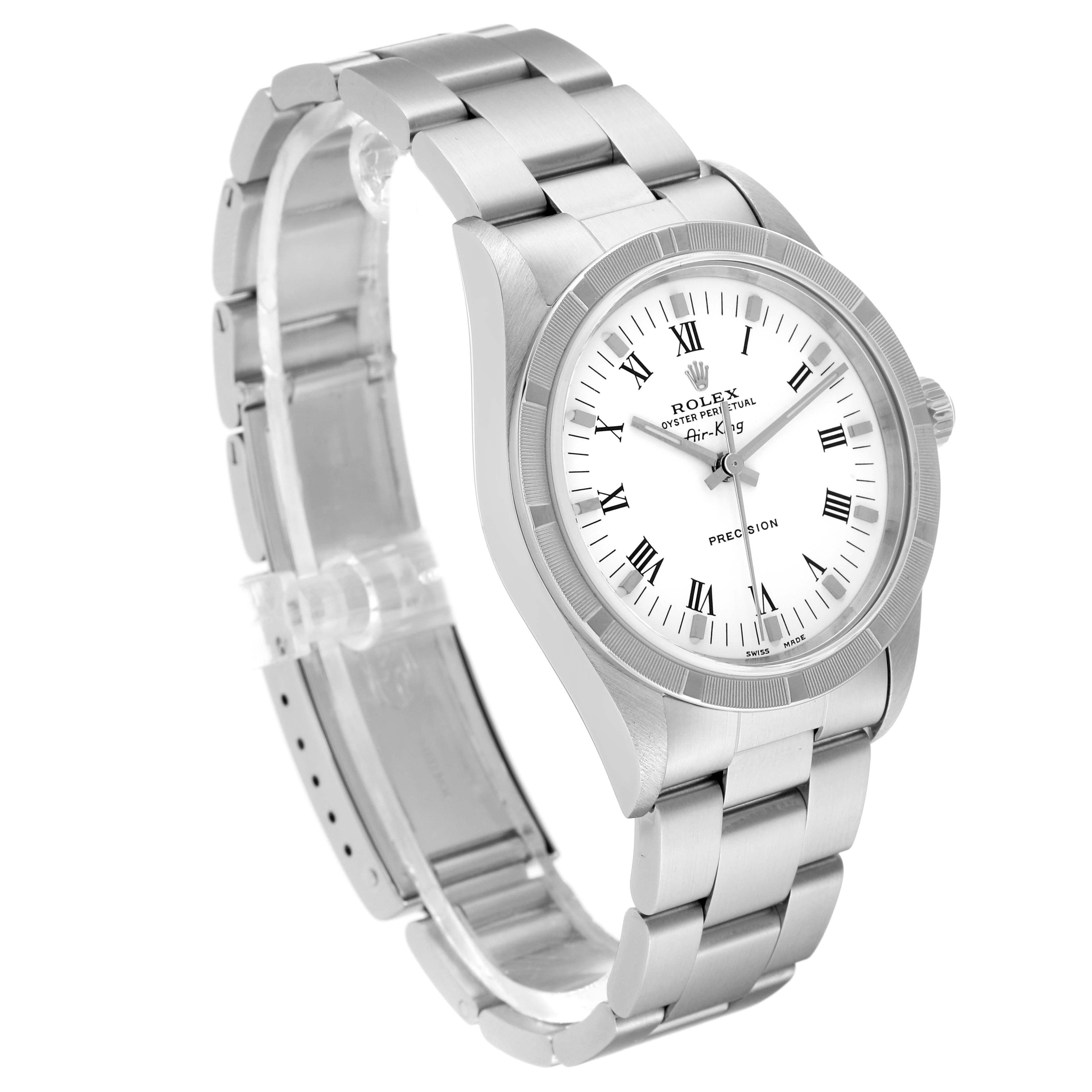 The Rolex Air-King 14010 Men's Stainless Steel White Dial 14010 Men's Stainless Steel White Dial watch is shown at a three-quarter angle, displaying the face, crown, and part of the bracelet.