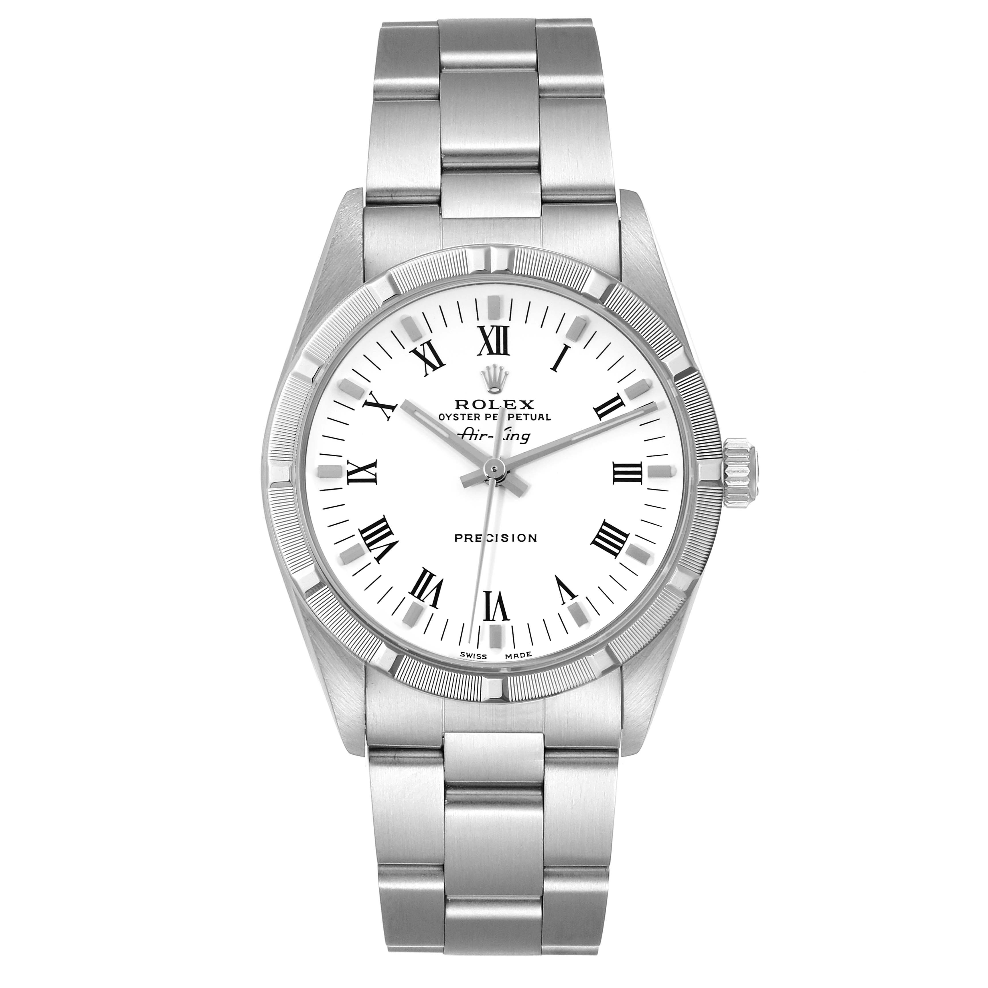 The image shows a frontal view of a Rolex Air-King 14010 Men's Stainless Steel White Dial 14010 Men's Stainless Steel White Dial watch displaying the face, bezel, bracelet, and crown.