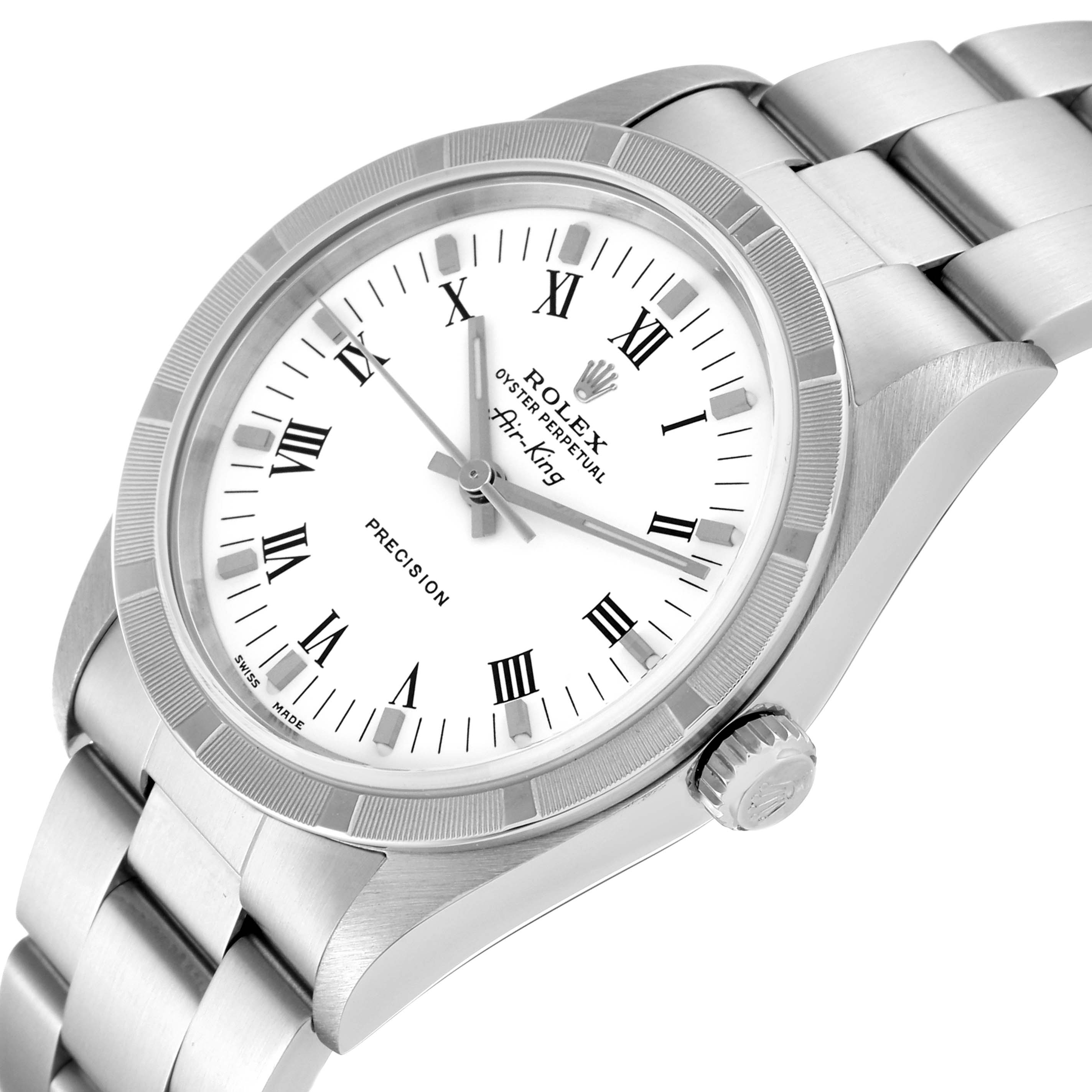 The image shows a Rolex Air-King 14010 Men's Stainless Steel White Dial 14010 Men's Stainless Steel White Dial watch at an angled view, displaying the face, bezel, crown, and part of the bracelet.