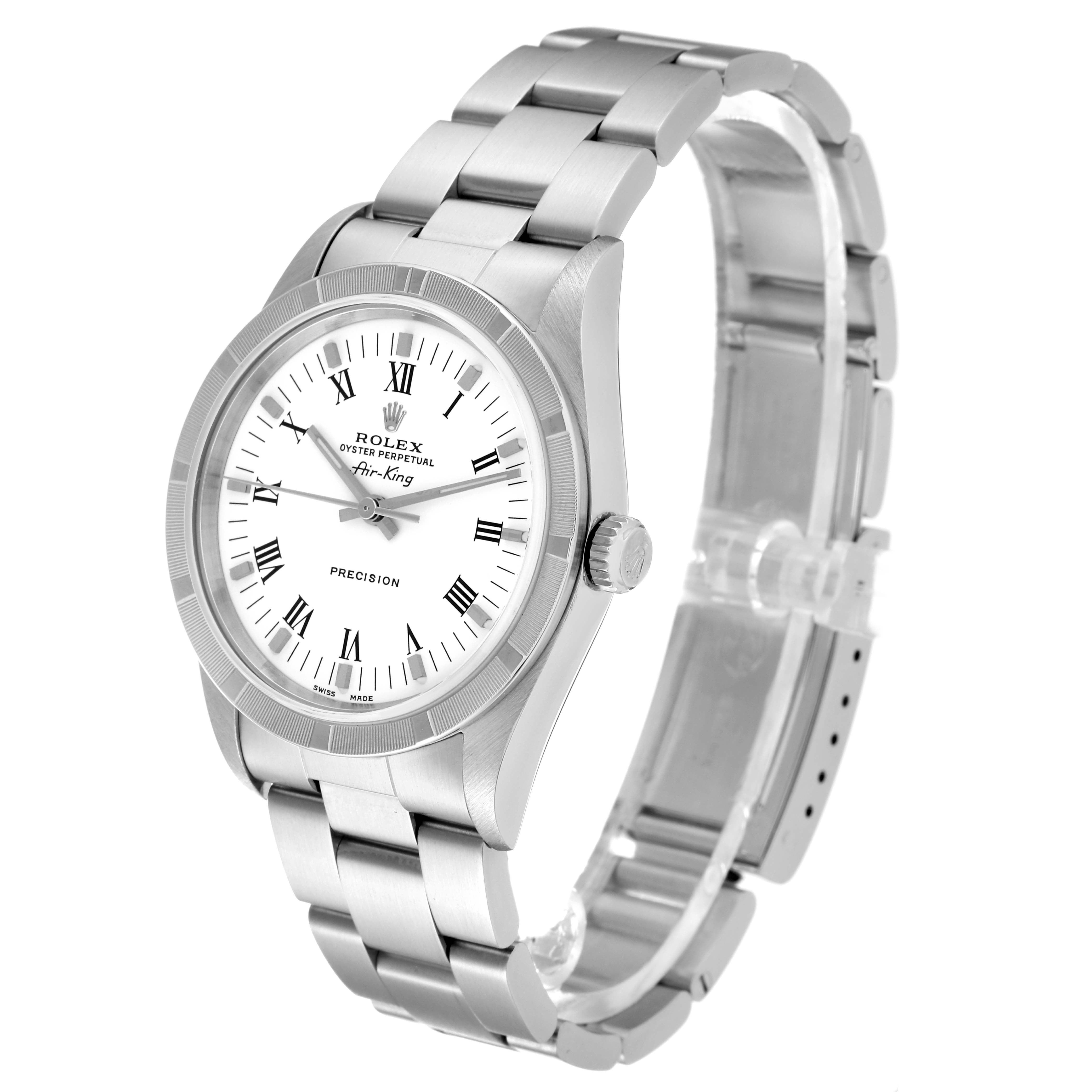 The Rolex Air-King 14010 Men's Stainless Steel White Dial 14010 Men's Stainless Steel White Dial watch is shown at a slight angle displaying the face, the crown, and the full metal bracelet.
