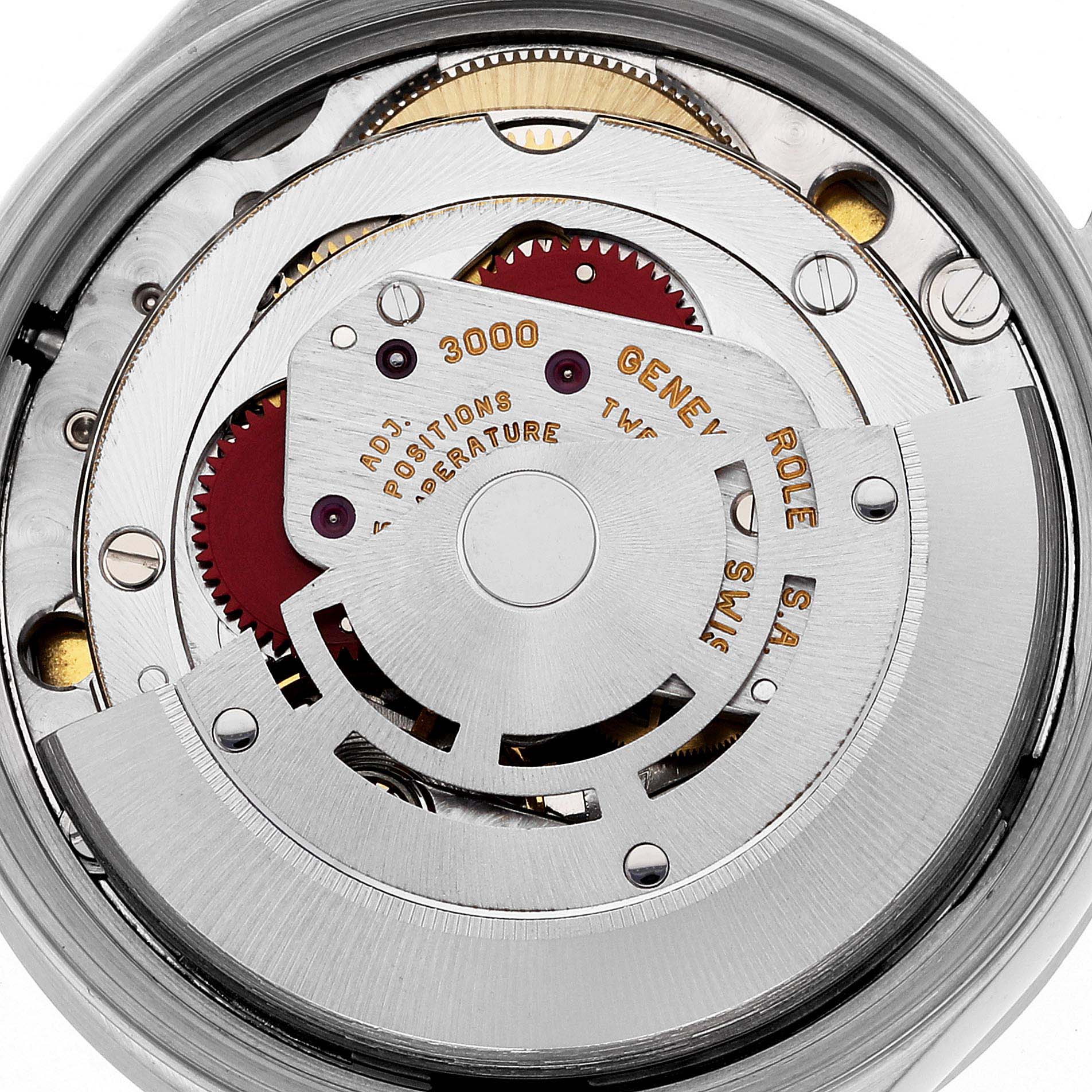 The image shows a close-up view of the movement mechanism in a Rolex Air-King 14010 Men's Stainless Steel White Dial 14010 Men's Stainless Steel White Dial watch.