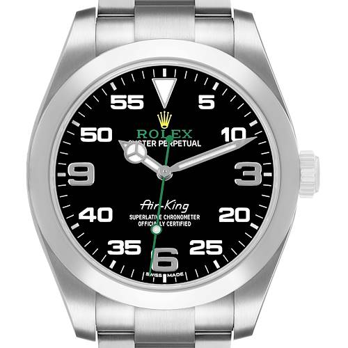 The Rolex Air-King 116900 Men's Stainless Steel Black Dial watch is shown from the front, highlighting its black dial, silver indices, and stainless steel case and bracelet.