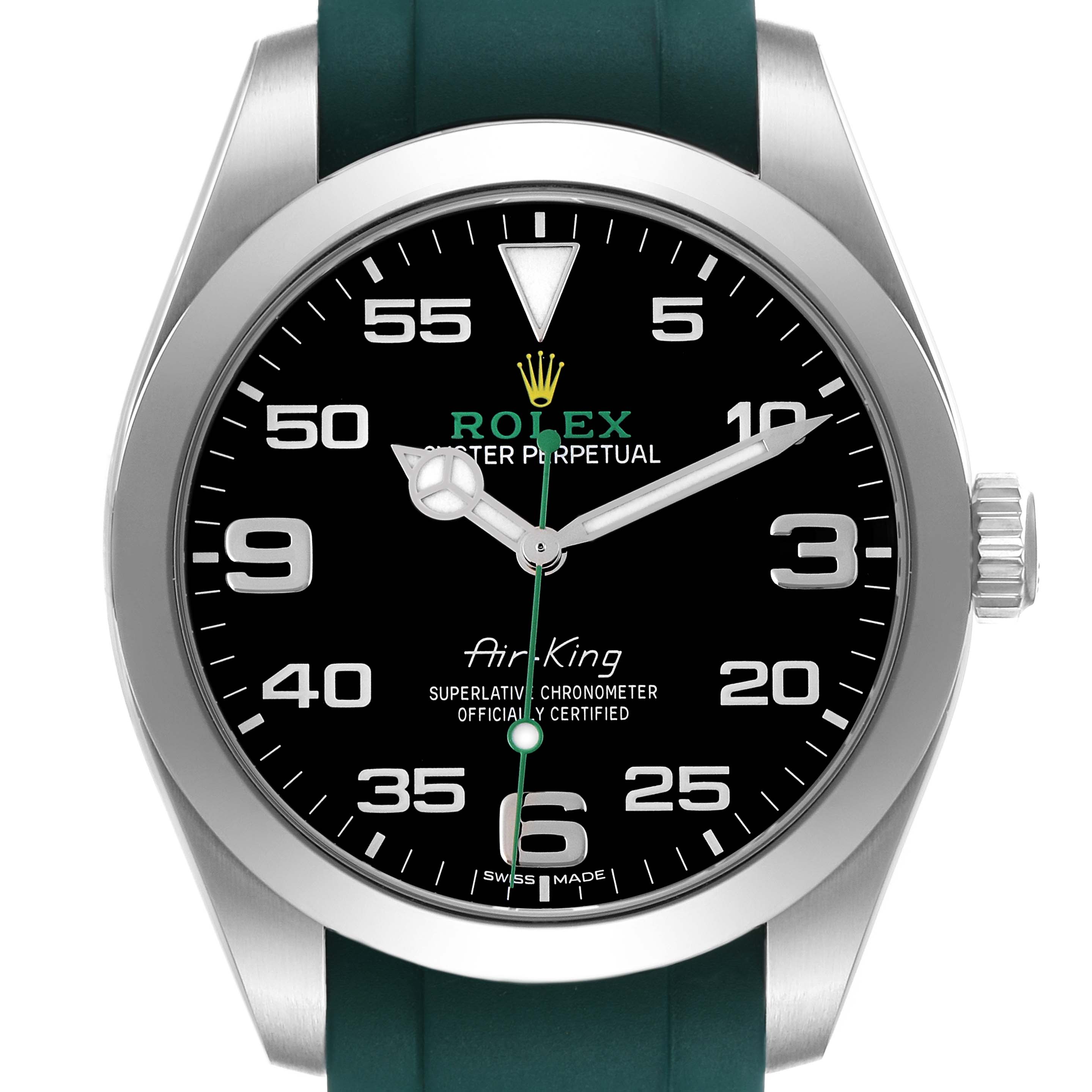 The Rolex Air-King 116900 Men's Stainless Steel Black Dial watch is shown from the front, highlighting the dial, bezel, hands, and crown with a green strap.