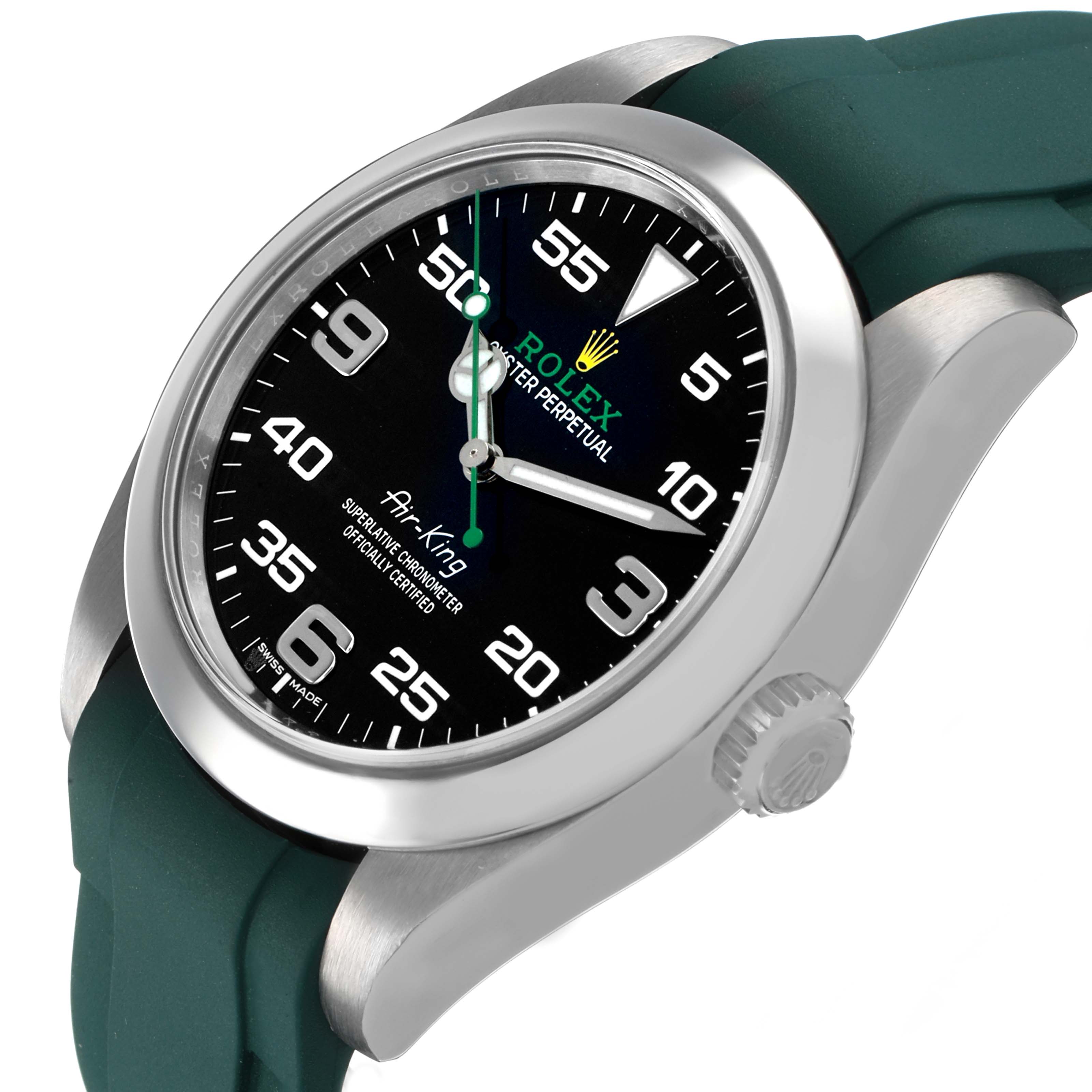 The Rolex Air-King 116900 Men's Stainless Steel Black Dial watch is shown at an angle, displaying its black dial, Arabic numerals, crown, and green rubber strap.