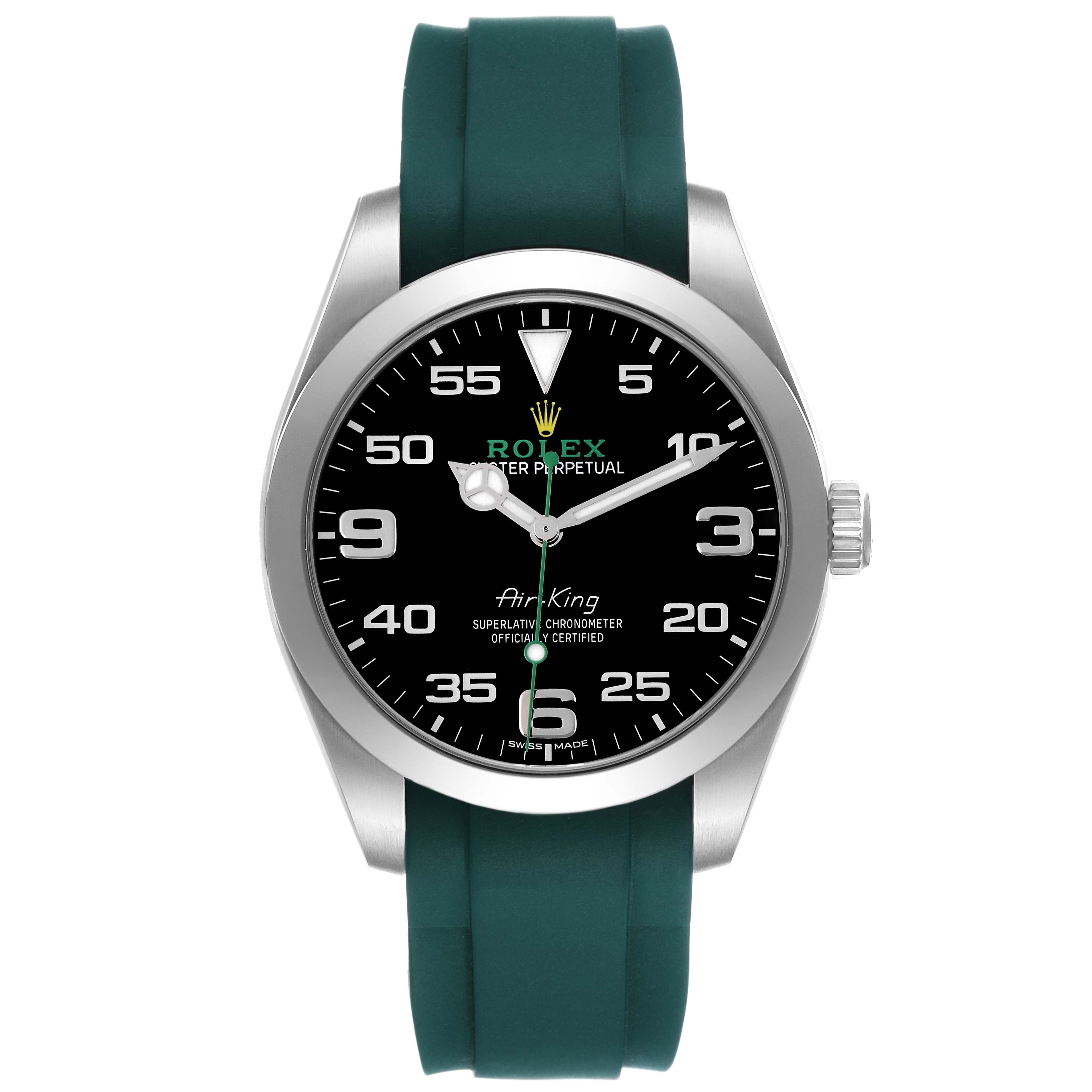 The image shows a Rolex Air-King 116900 Men's Stainless Steel Black Dial watch from a front angle, highlighting its black dial, silver case, and green rubber strap.