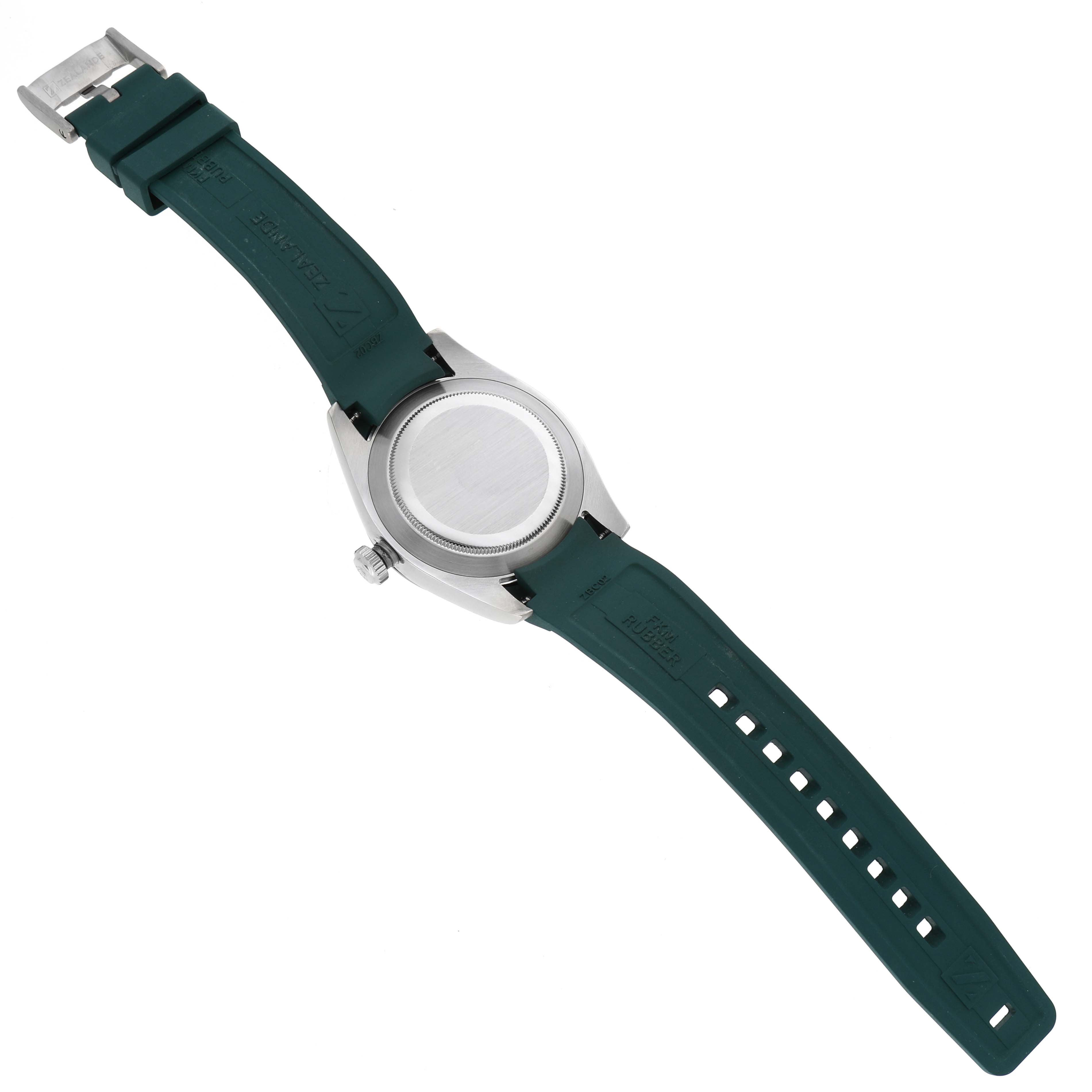 The image shows the back of a Rolex Air-King 116900 Men's Stainless Steel Black Dial watch, highlighting the case back, crown, and green adjustable strap from a top-down angle.