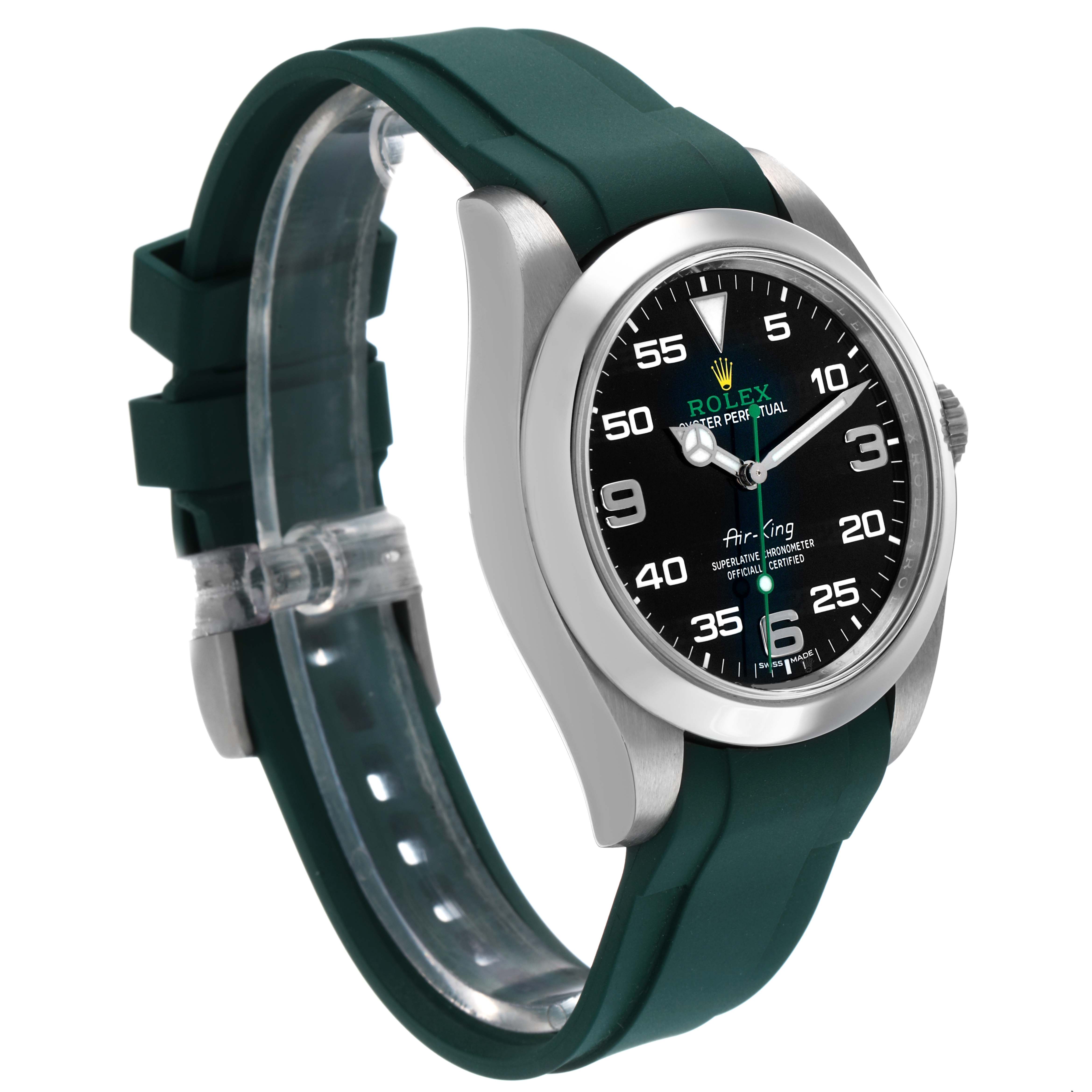 The Rolex Air-King 116900 Men's Stainless Steel Black Dial watch is shown at a three-quarter angle, displaying the dial, case, and green strap.