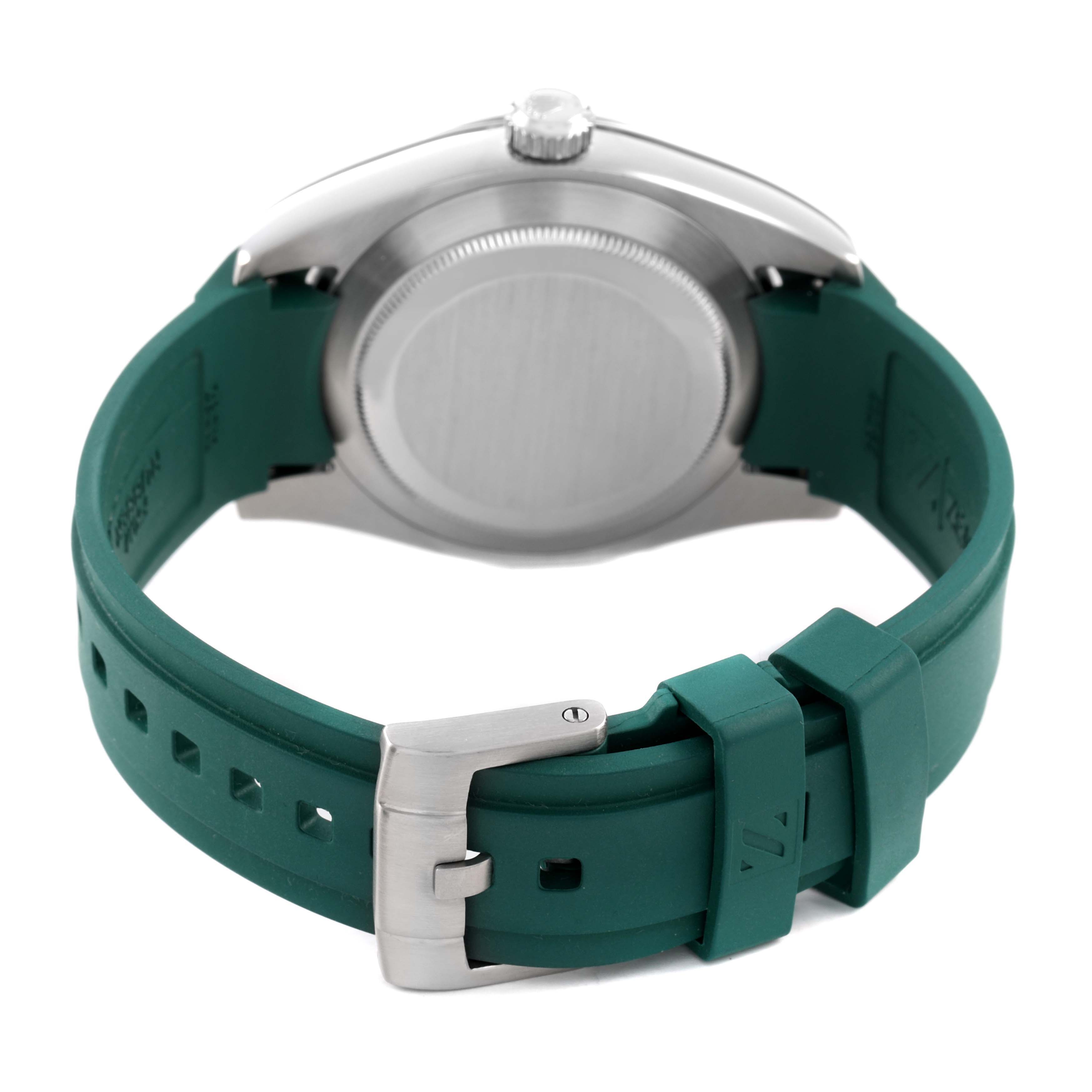 The image shows the back view of a Rolex Air-King 116900 Men's Stainless Steel Black Dial watch with a green rubber strap and a steel buckle.