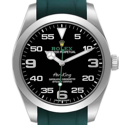 The Rolex Air-King 116900 Men's Stainless Steel Black Dial is shown from a front angle, highlighting the dial, bezel, and a portion of the strap.