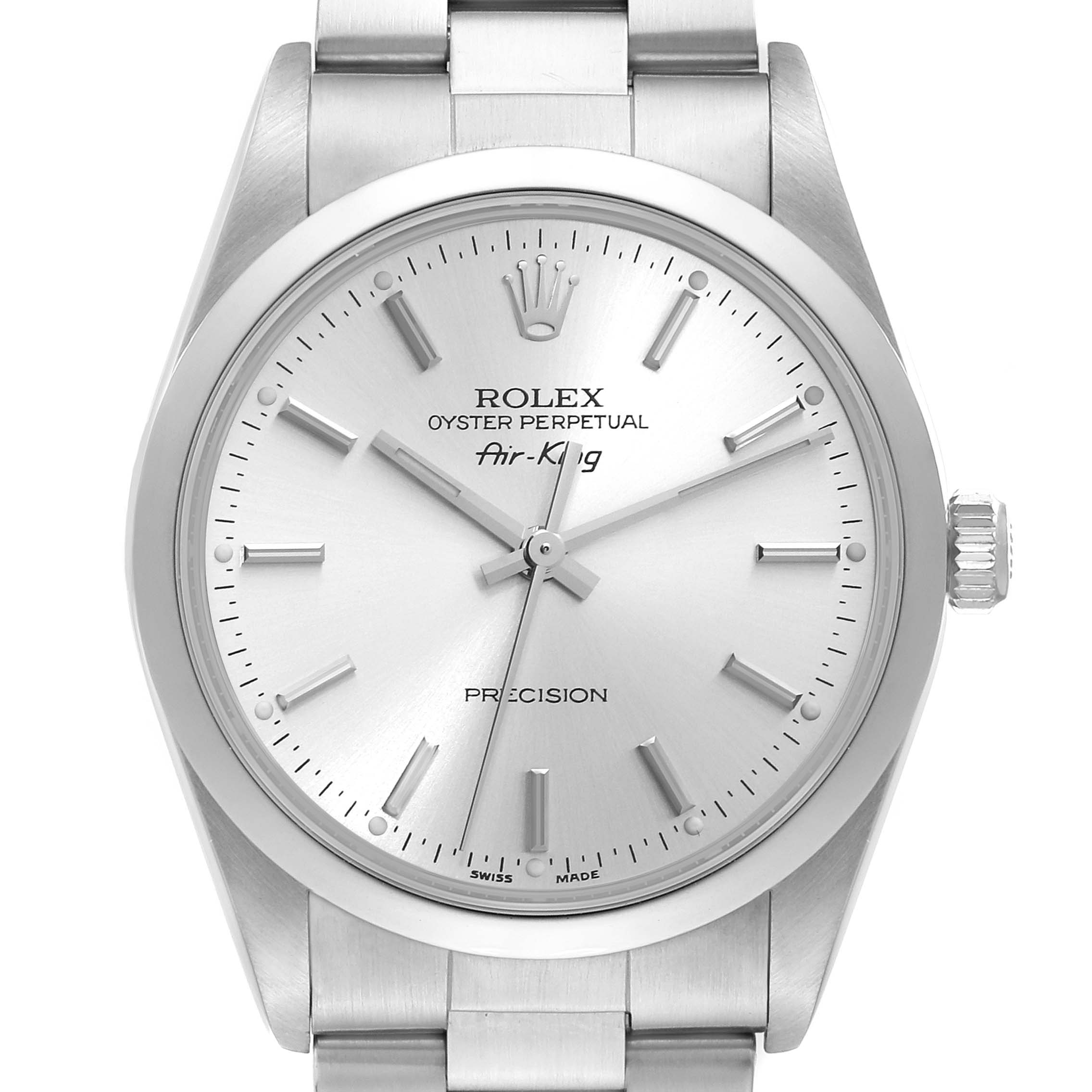The image shows a front view of the Rolex Air-King 14000 Men's Stainless Steel Silver Dial 14000 Men's Stainless Steel Silver Dial watch, highlighting its face, dial, and stainless steel bracelet.