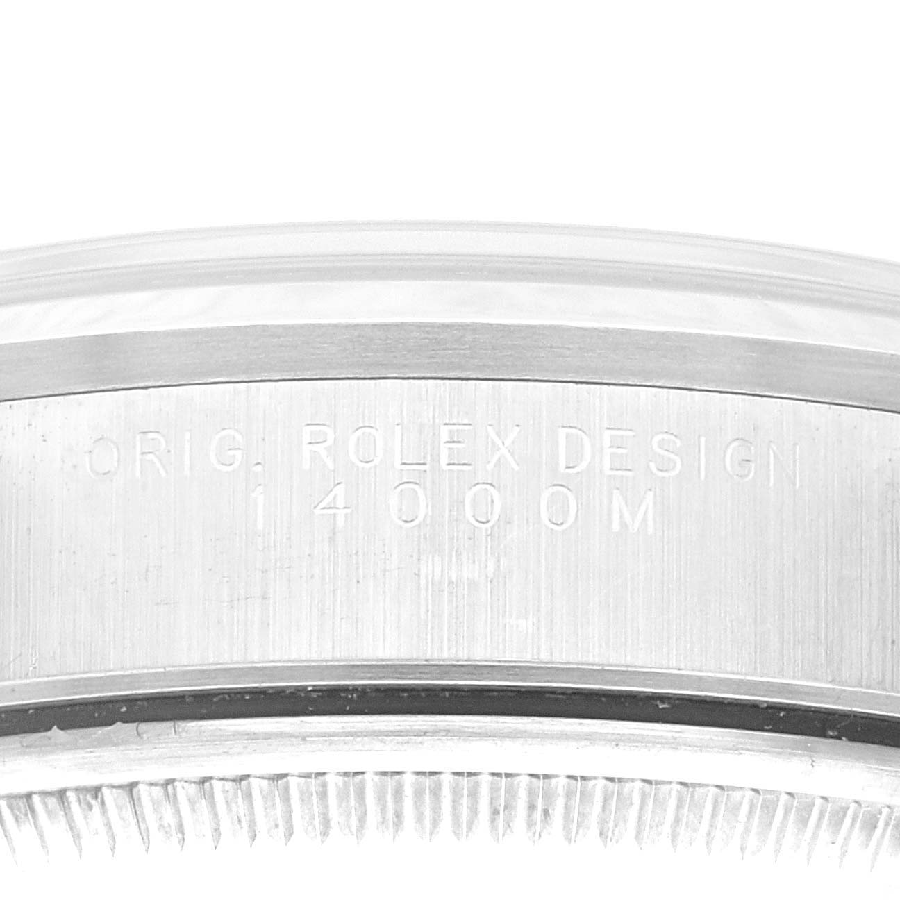Close-up of the case side detailing, showing "Orig. Rolex Design" and model number of the Rolex Air-King 14000 Men's Stainless Steel Silver Dial 14000 Men's Stainless Steel Silver Dial watch.