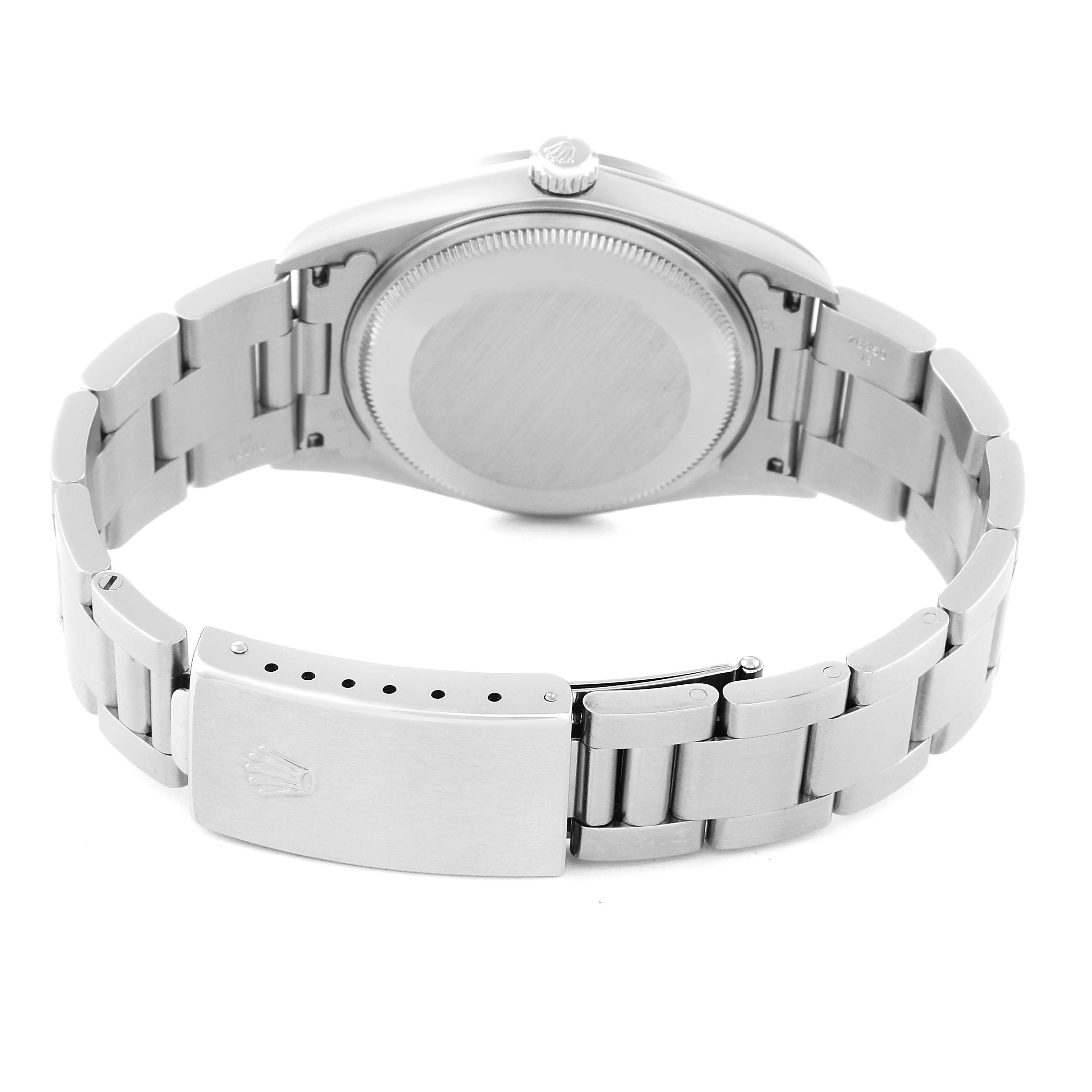 The image shows the back view of a Rolex Air-King 14000 Men's Stainless Steel Silver Dial 14000 Men's Stainless Steel Silver Dial watch, highlighting the case back and bracelet clasp.