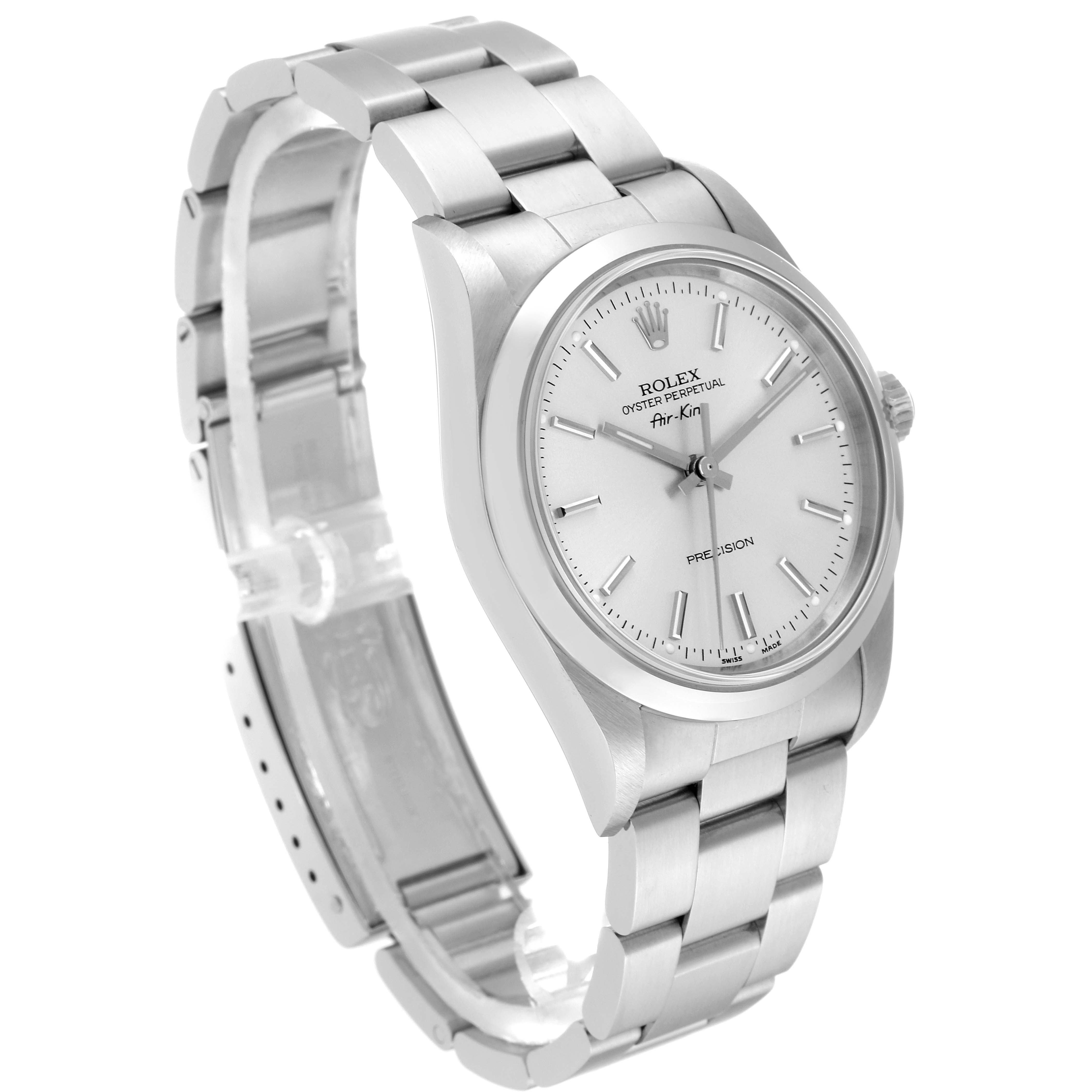 The Rolex Air-King 14000 Men's Stainless Steel Silver Dial 14000 Men's Stainless Steel Silver Dial watch is shown at a 3/4 angle, displaying the face, bracelet, and crown.