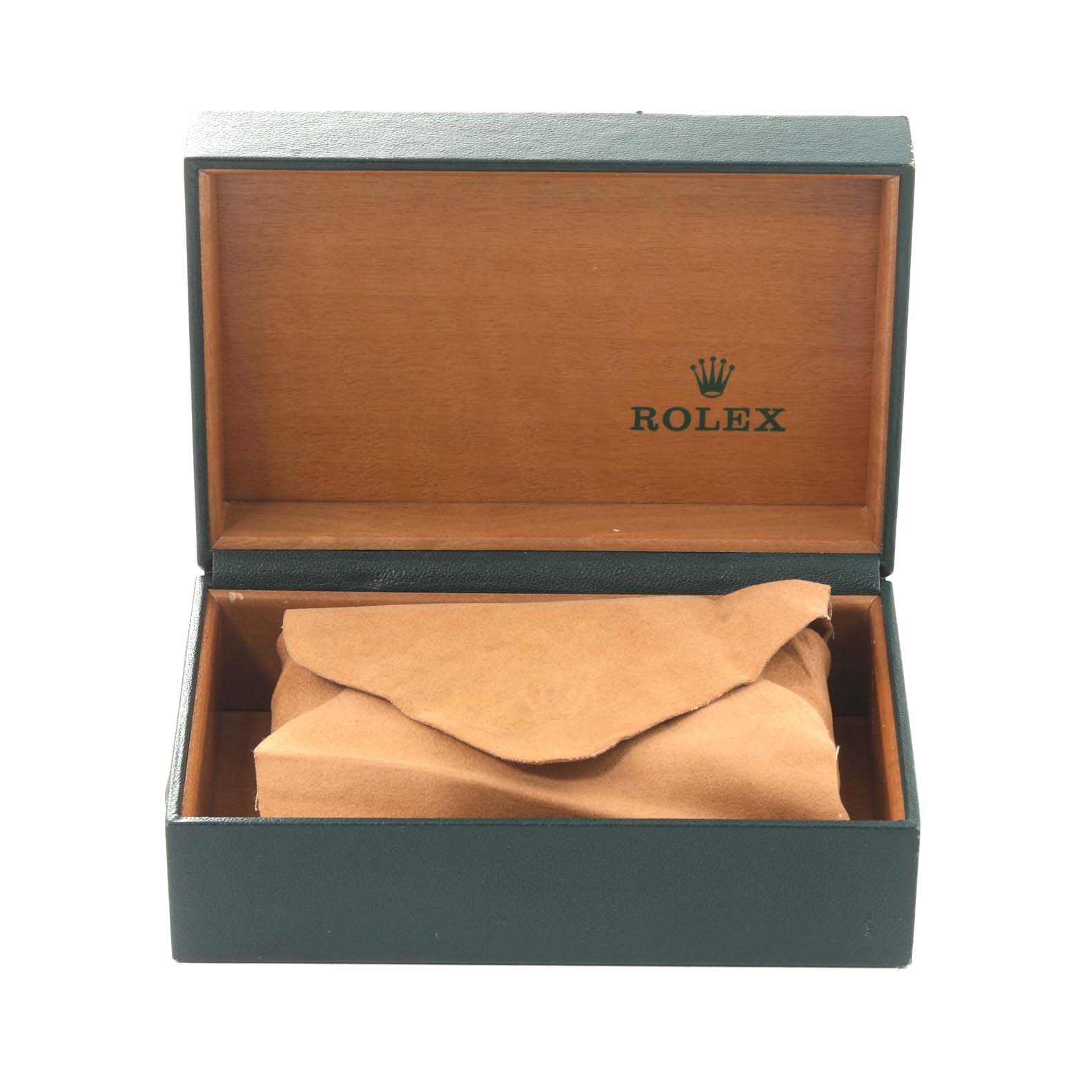 The image shows a Rolex Air-King 14000 Men's Stainless Steel Silver Dial 14000 Men's Stainless Steel Silver Dial watch box partially open with the watch wrapped in brown paper inside.