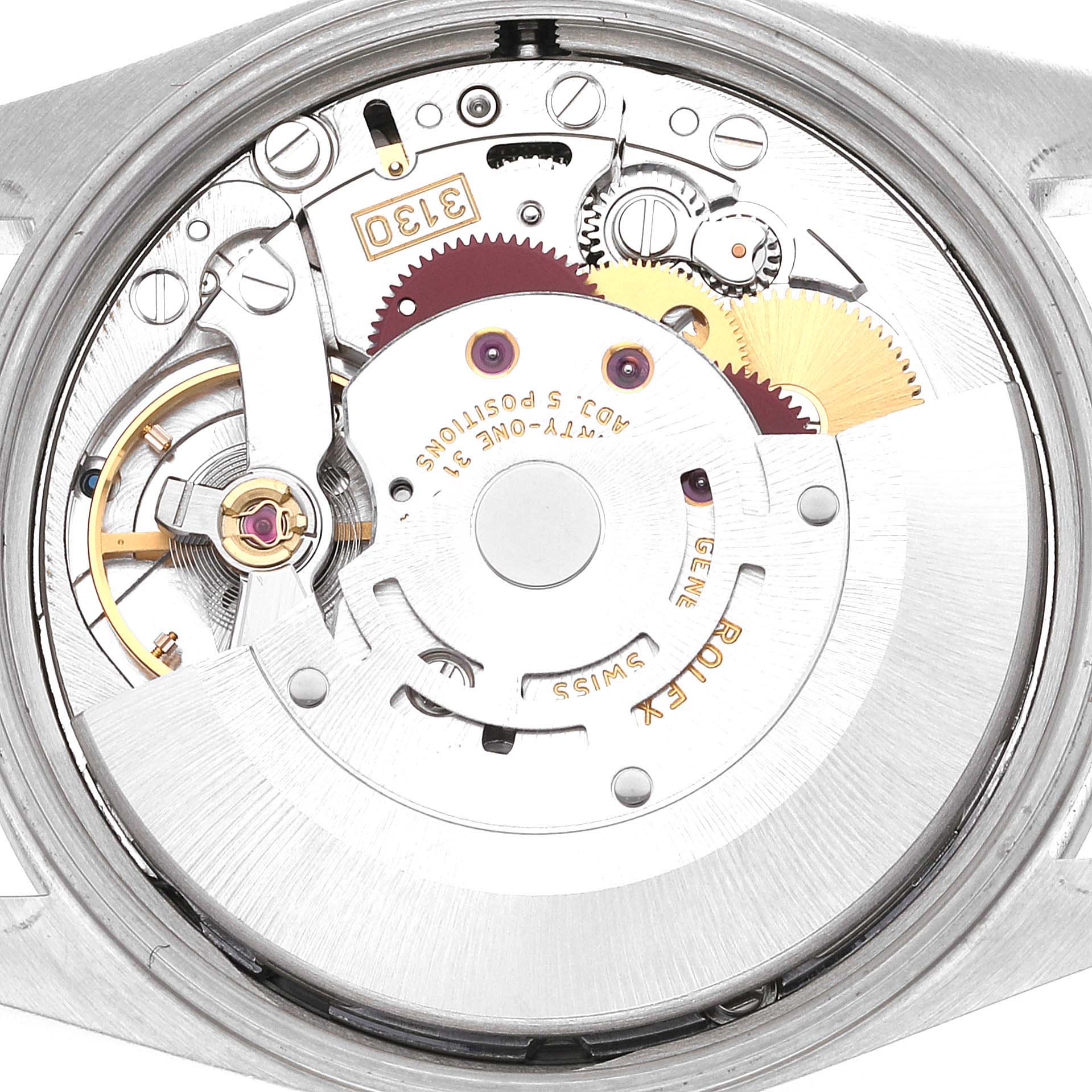 This is the movement and inner mechanism of the Rolex Air-King 14000 Men's Stainless Steel Silver Dial 14000 Men's Stainless Steel Silver Dial watch, viewed from the back.