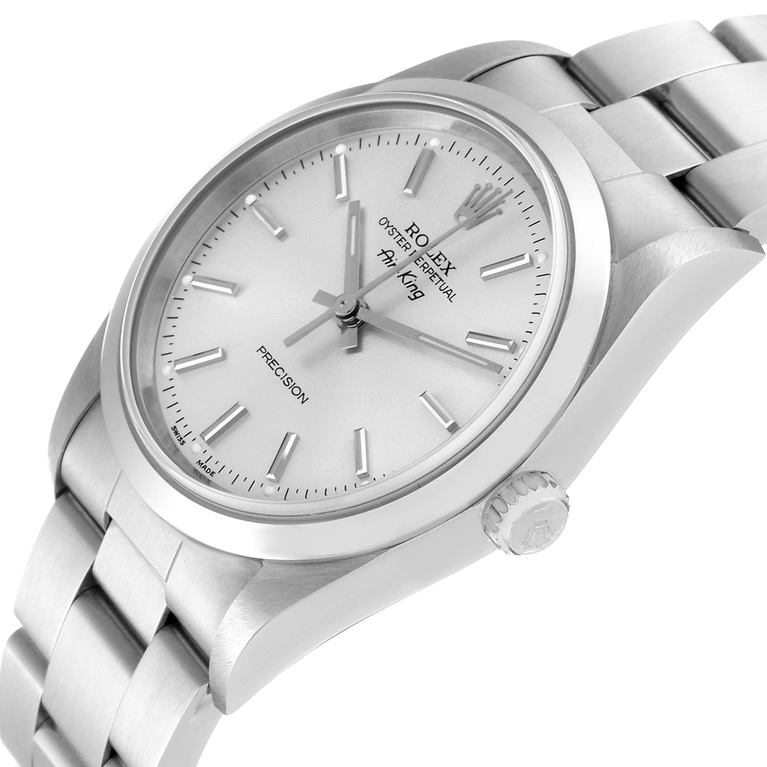 The Rolex Air-King 14000 Men's Stainless Steel Silver Dial 14000 Men's Stainless Steel Silver Dial watch is shown at an angle highlighting the dial, bezel, and part of the bracelet.