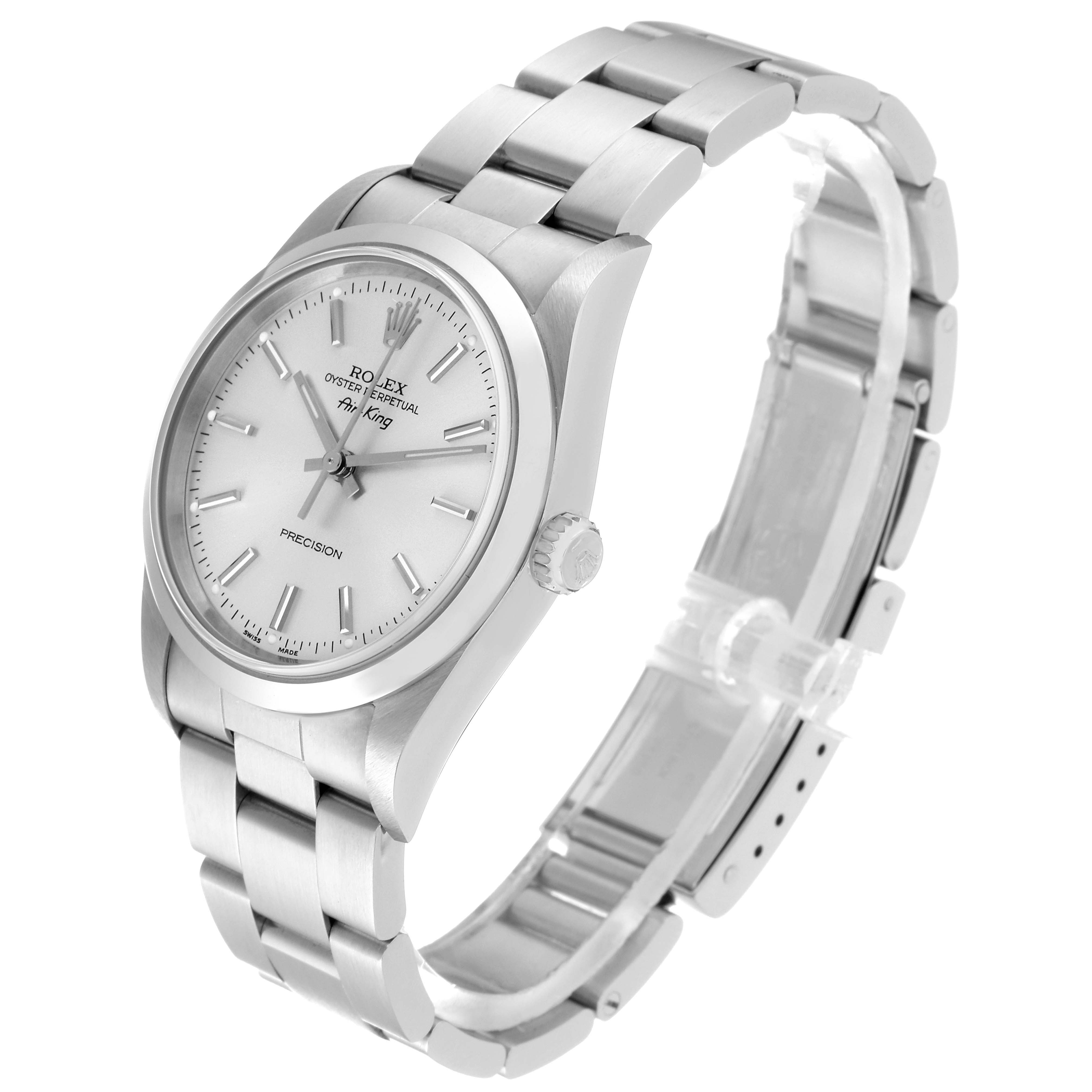 The image shows a Rolex Air-King 14000 Men's Stainless Steel Silver Dial 14000 Men's Stainless Steel Silver Dial watch at an angle that highlights its face, crown, and bracelet.