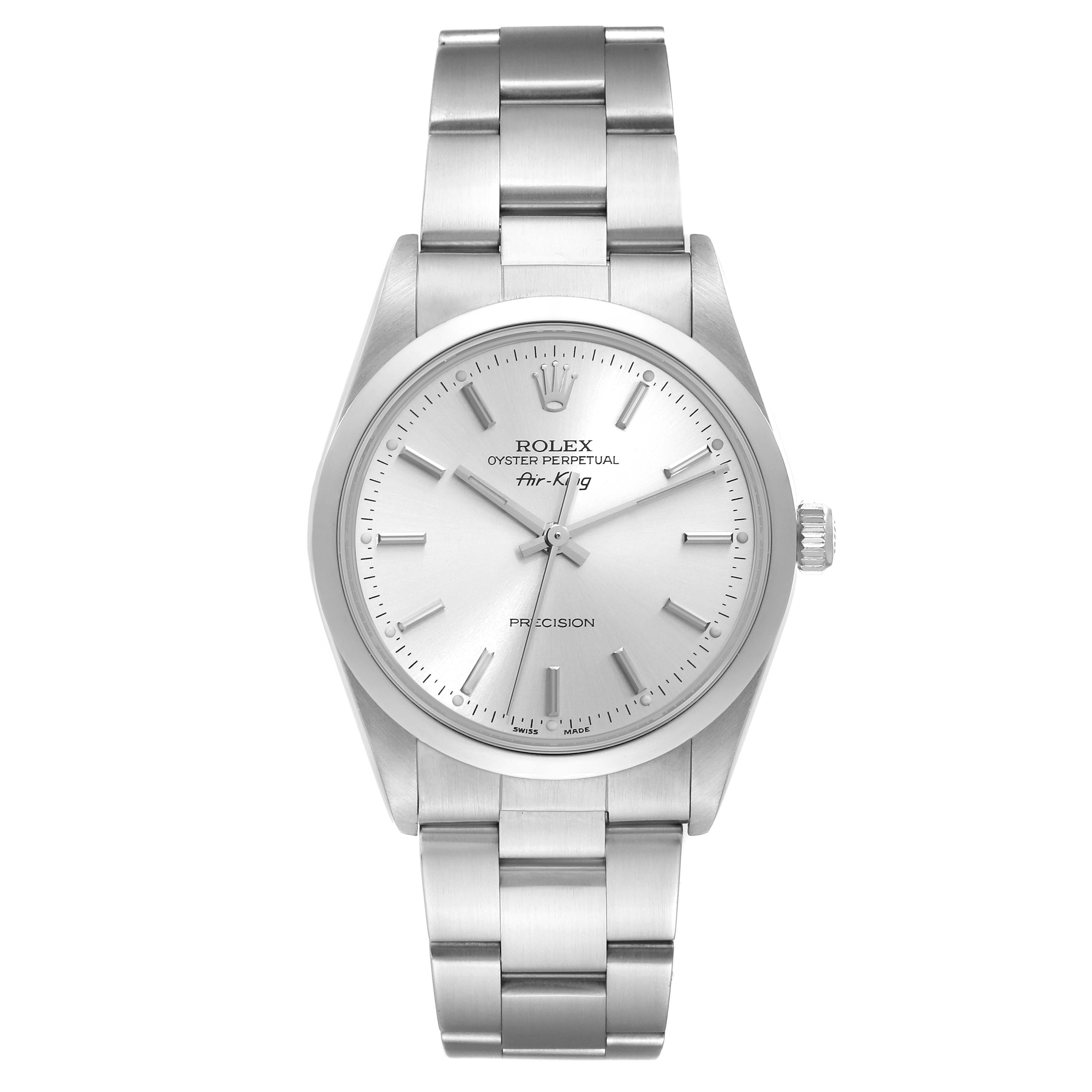 The image shows a front view of the Rolex Air-King 14000 Men's Stainless Steel Silver Dial 14000 Men's Stainless Steel Silver Dial watch, displaying its face, dial, hands, and bracelet.