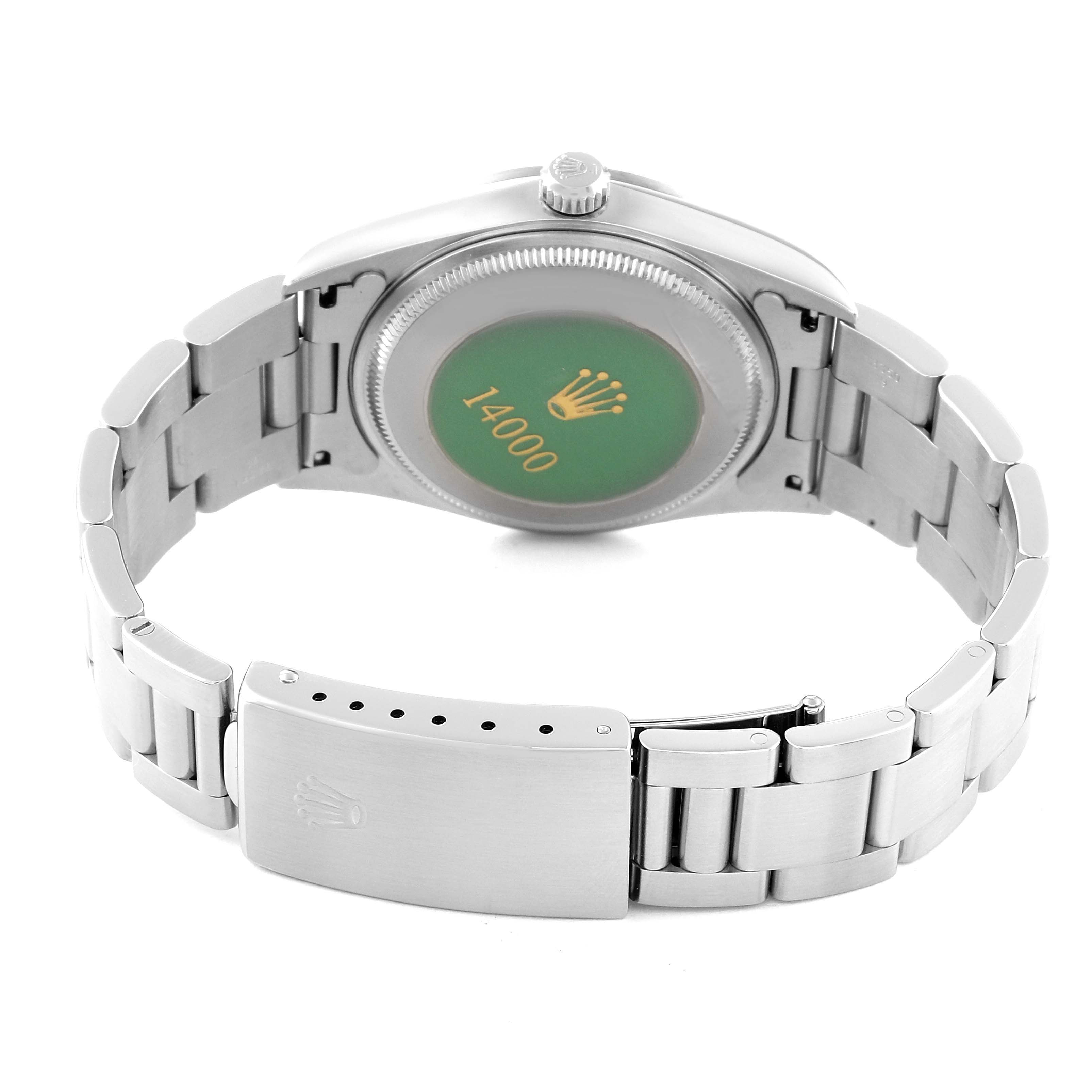 This image shows the back and bracelet of a Rolex Air-King 14000 Men's Stainless Steel Silver Dial 14000 Men's Stainless Steel Silver Dial watch, focusing on the case back and clasp.